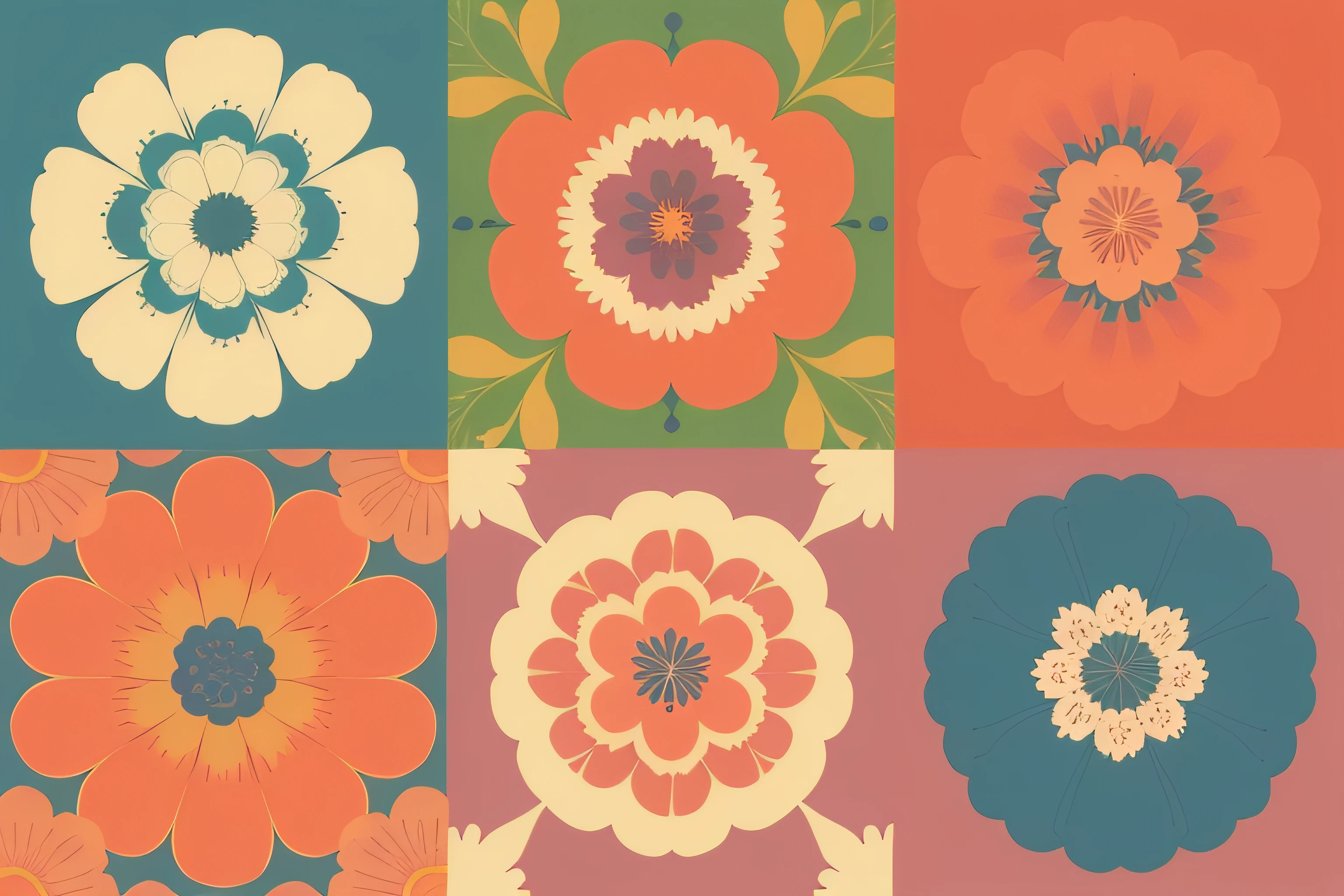 Aesthetic flowers, retro design pattern, multicolored, ((simple)), ((flowers do not protrude from the edges)).