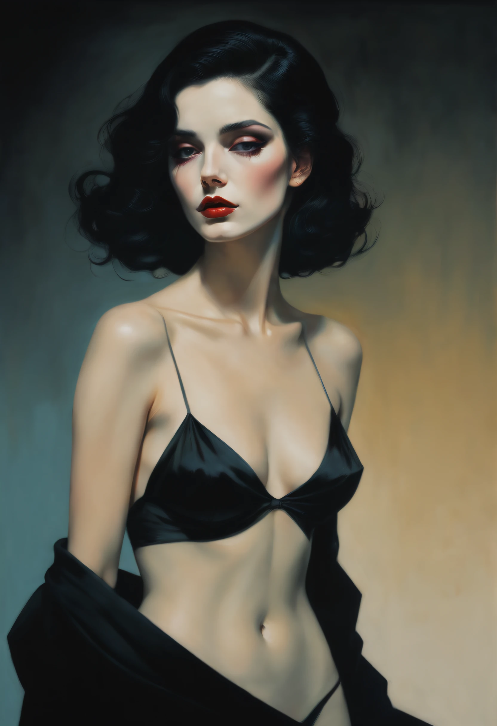 chiaroscuro technique on sensual illustration of an elegant 1980s woman, vintage beauty, eerie, thick oil painting, by Hannah Dale, by Harumi Hironaka, extremely soft colors, vibrant, highly detailed, malcolm liepke painting, oil on canvas,  high contrast, dramatic, refined, tonal, Create high contrast between light and shadow, impressive art