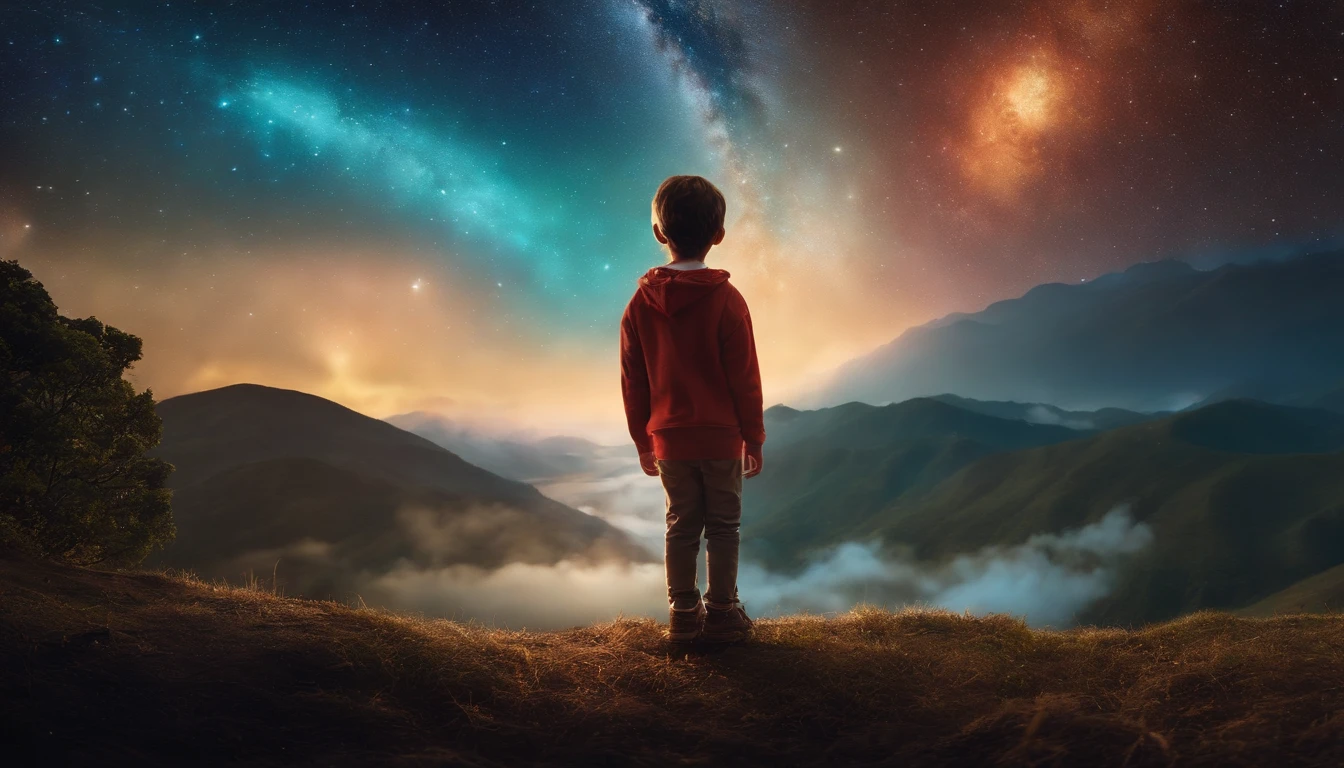 High detail, super detalhe, super high resolution, The boy enjoys his time in the fantasy galaxy, cercado por estrelas, Luz quente brilha sobre ela, The background is the starry sky with colorful galaxies and galactic clouds, Estrelas voavam ao seu redor, rosto delicado, Add a playful vibe , VFX surreal altamente detalhado，OC rendering，Disparo com 70 mm - AR 16:9 --q 2 --s 1000