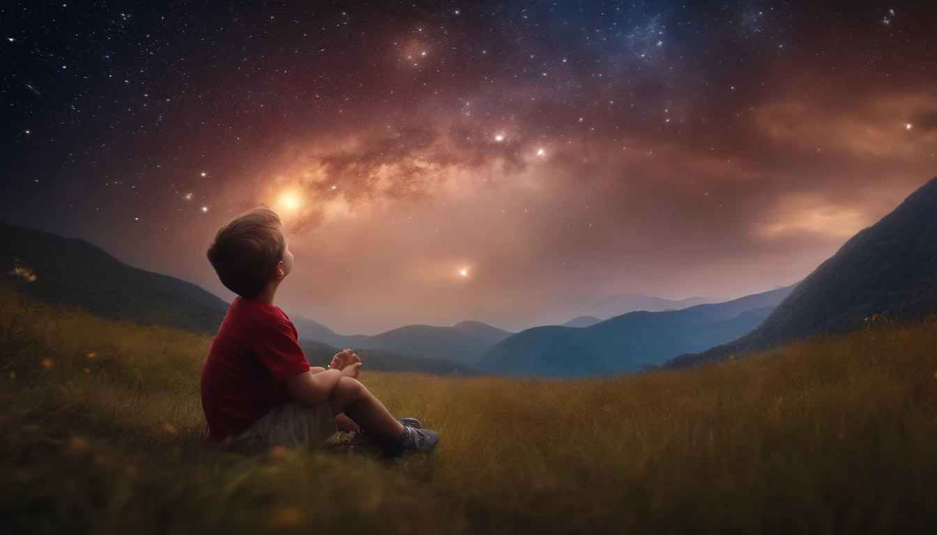High detail, super detalhe, super high resolution, The boy enjoys his time in the fantasy galaxy, cercado por estrelas, Luz quente brilha sobre ela, The background is the starry sky with colorful galaxies and galactic clouds, Estrelas voavam ao seu redor, rosto delicado, Add a playful vibe , VFX surreal altamente detalhado,OC rendering,Disparo com 70 mm - AR 16:9 --q 2 --s 1000