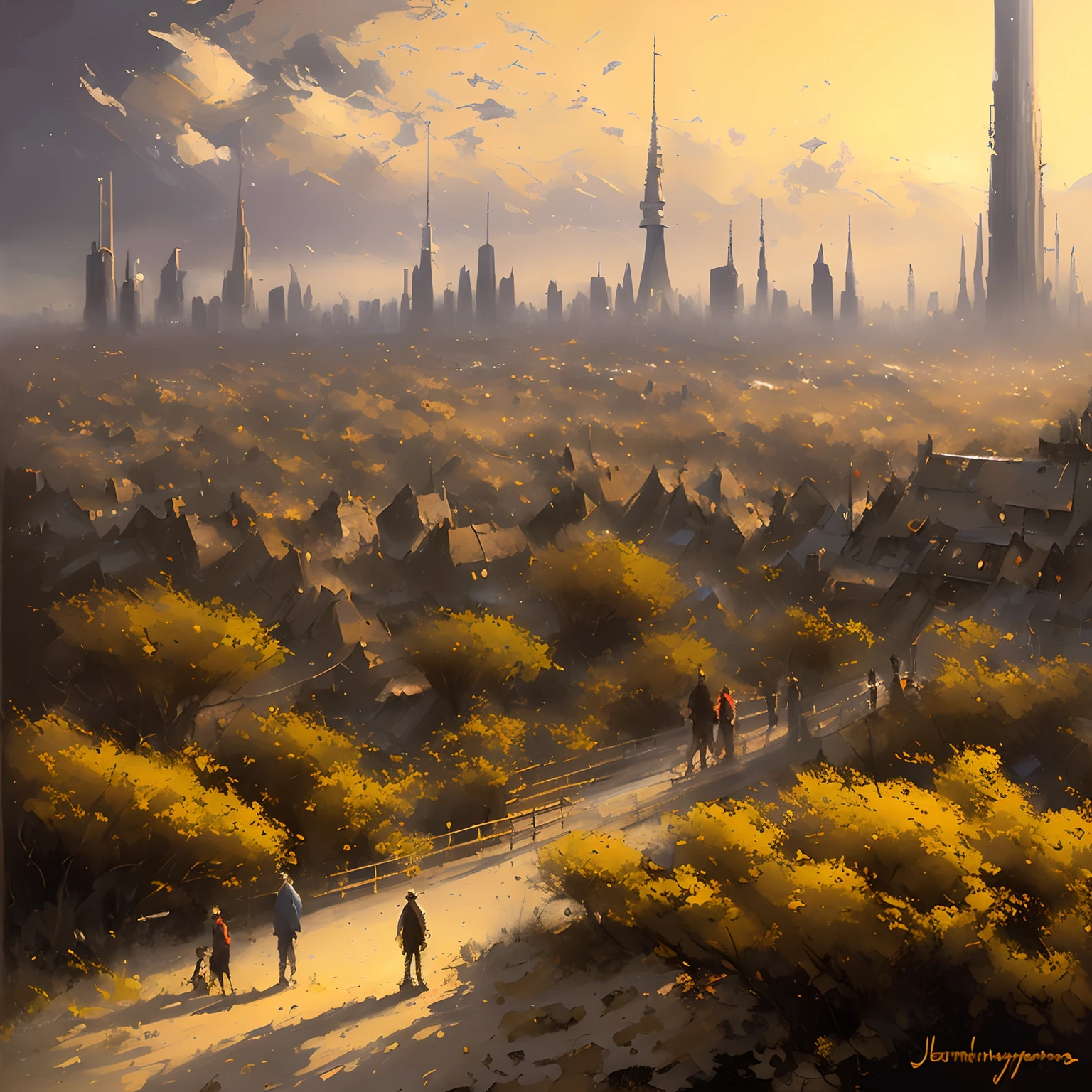 CosmicLandscapes, ((retro)), ((painting of an alien landscape)), ((chasm)), (yellow sky), ((black hole)), ((thin atmosphere)), ((alien plants)), ((futuristic city)), ((tall spires)), chiaroscuro, beautifully lit, cinematic lighting, dramatic lighting, natural lighting, naturalism, ((golden ratio)), detailed, 8K, by Bruce Pennington, Danny Flynn by alexi zaitsev, by Antoine Blanchard, by Brent Heighton, by Jeremy Mann