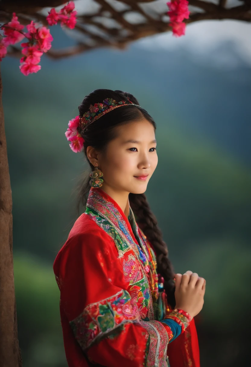 A Zhuang girl in traditional costume holds a delicate batik cloth in her hand. Her hair was braided into a slender braid, Decorate with colorful silk threads. She also wears a string of silver bracelets and delicate earrings, Surrounded by flowers and trees, Next to it is a row of colorful quilts