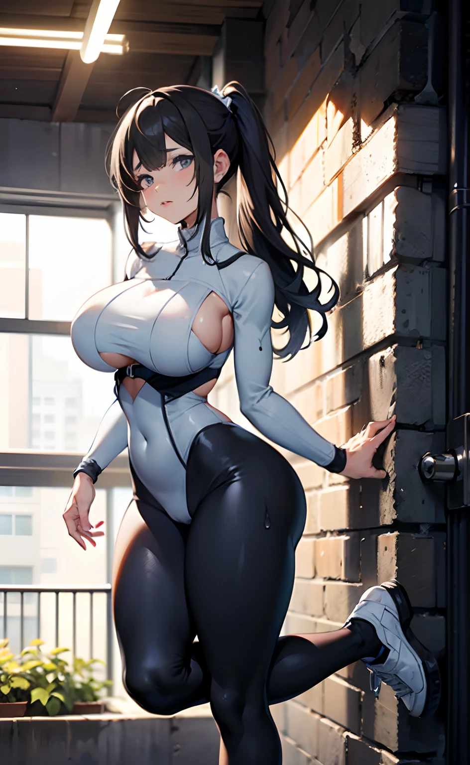 A black-haired ponytailed woman in a white jumpsuit does yoga in a dimly lit prison, huge tit, underboobs exposed, Buttock augmentation, Plump crotch, Ruddy cheeks, A shy and nervous expression, perspire, Wheezing, Soaked all over, A group of men stared at her intently, Grab the attention of passers-by.