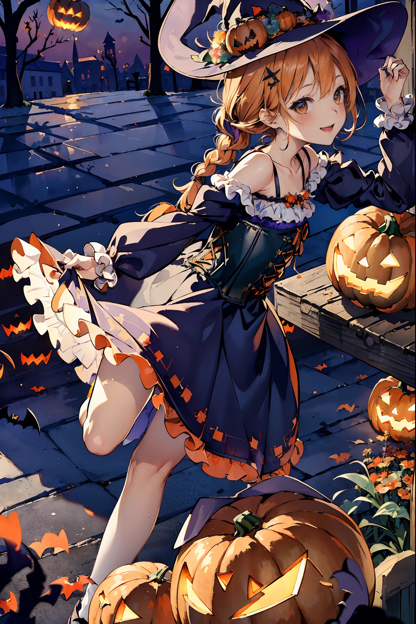 (masterpiece:1.5), high quality, very high resolution, perfect anatomy, detailed, (Transparent of light:1.3), dispersion of light, diffraction of light, (Mysterious:1.4), dynamic pose, dynamic angle, from side, ((cute 1 girl)), 16years old, cute smile, ((witch hat, bob French braid hair, flower hair ornament)), ((embroidery dress, corset, lace and frills)), looking at viewer, looking back, (((jack-o-lantern, historical cityscape in Europe))), ((post impressionism Paul Cézanne style watercolor)), (chiyogami pattern, kaleidoscope effect), (((Halloween party, happy Halloween)))),after rain:1.5,night:1.2,shine moon:1.2