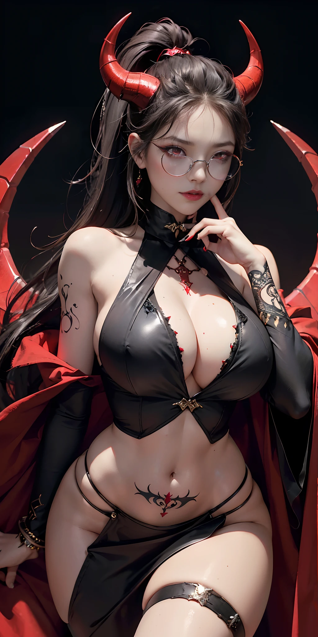 Fine、(The best illustrations)、8k UHD resolution、intricate-detail、top-quality、realisitic、ultra-detailliert、The best lighting、Best Shadows、Soft lighting、Ulutra HD、Dungeon and Dragon、Devil's Palace、Devil's Torture Chamber、magia、 A Necromancer、natta、Dark style、Succubus、Devil's Daughter、Bat Wings，(((Demon Horns)))、((((black-rimmed round glasses))))、(((Colossal tits)))、(Devil's Tail)、(red eyes glowing:1.6)、 intricate tattoos, demonic intricate tattoos, thigh tattoos, body tattoos, ​masterpiece、beautiful countenance、Muscular seductive body、The enchanting body of the devil、Seductive Black Magic Costume、A shiny red skull wand was wrapped around her hand、Tindall Effect、photos realistic、(High Detail Skins:1.2)、 (Intricate details, makeup, pureerosface_v1:0.5), (Detailed beautiful delicate face, Detailed beautiful delicate eyes, A perfectly proportioned face, High detailed skin, Detailed skin, best ratio four finger and one thumb, arms below breasts, Tattoo with a red glow under the stomach、Awesome awesome, wide hips, smooth midriff, skiny and thin, __Fashion__, __hair__:1.25)、Digital SLR、hightquality、a picture、hight resolution、 absurderes、Ponytail distortion、***1人、Red sparkling gemstone necklace、jewely、Beautiful expression、Body Up、Large breasts emphasis、Toned waist、Wide buttocks、Devil's Tail、intricate tattoos, demonic intricate tattoos, thigh tattoos, body tattoos, effect、Photorealsitic、(High Detail Skins:1.2)、In the Dark, lowkey, cowboy lens, (Black Phoenix Dress: 1.0), Seductive Black Magic Costume、Long hair, Black hair, Bust, Devil's Palace, devil crown, red eyes make up very sharp and detailed, The most beautiful face, Super tight breasts, Breast augmentation surgery, The breasts are very big and round and round, Black magic costume、Super realistic , Charming smile, The eyes are very well made up, ((Red Eye:1.0)), guweiz, devil style,Muscular seductive body、 wearing black mesh socks, Ponytail with a bow tied at the back of the hair, plump beautiful red lips, wearing a thin red and black r