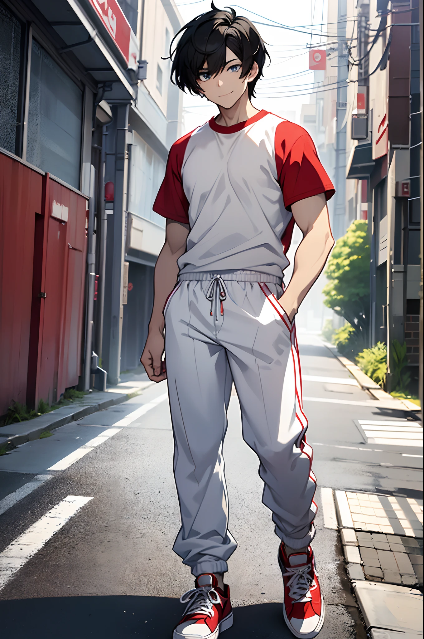 A man wearing red sneakers and a white t-shirt with white pants. He has strait jet black hair and clean cut bangs, dark blue eyes and pale skin. He is standing and looking at the camera. He has red and white sneakers. anime-style, smiling, ((front facing shot)), (full_body)