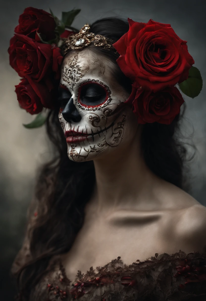 skull with red roses on it's head and a black background, skull made of red roses, hauntingly beautiful art, stefan gesell, extremely detailed digital art, stunning artwork, super intricate realism, made of dried flowers, high detailed art, insanely detailed art, 4 k highly detailed art, highly detailed digital artwork, detailed and creepy, beautiful decay