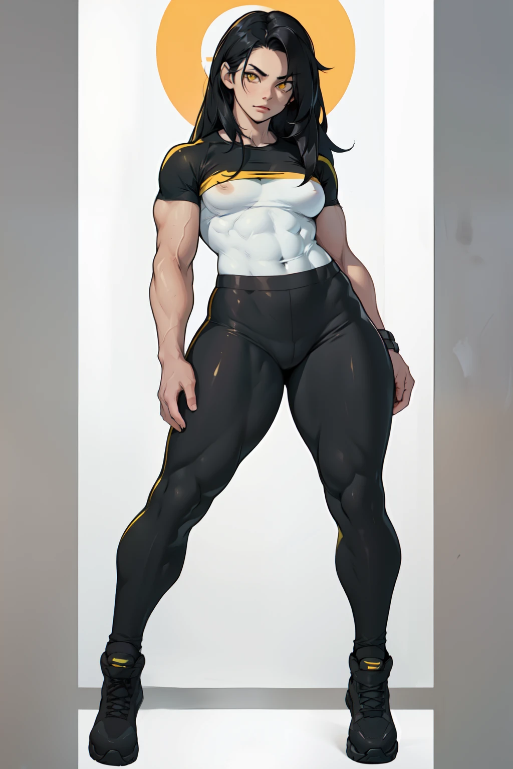 ((((muscular 1girl)))) (((thick thighs toned body small breasts))) (pale skin) black hair yellow eyes very long hair ((full body)) tight shirt tight pants