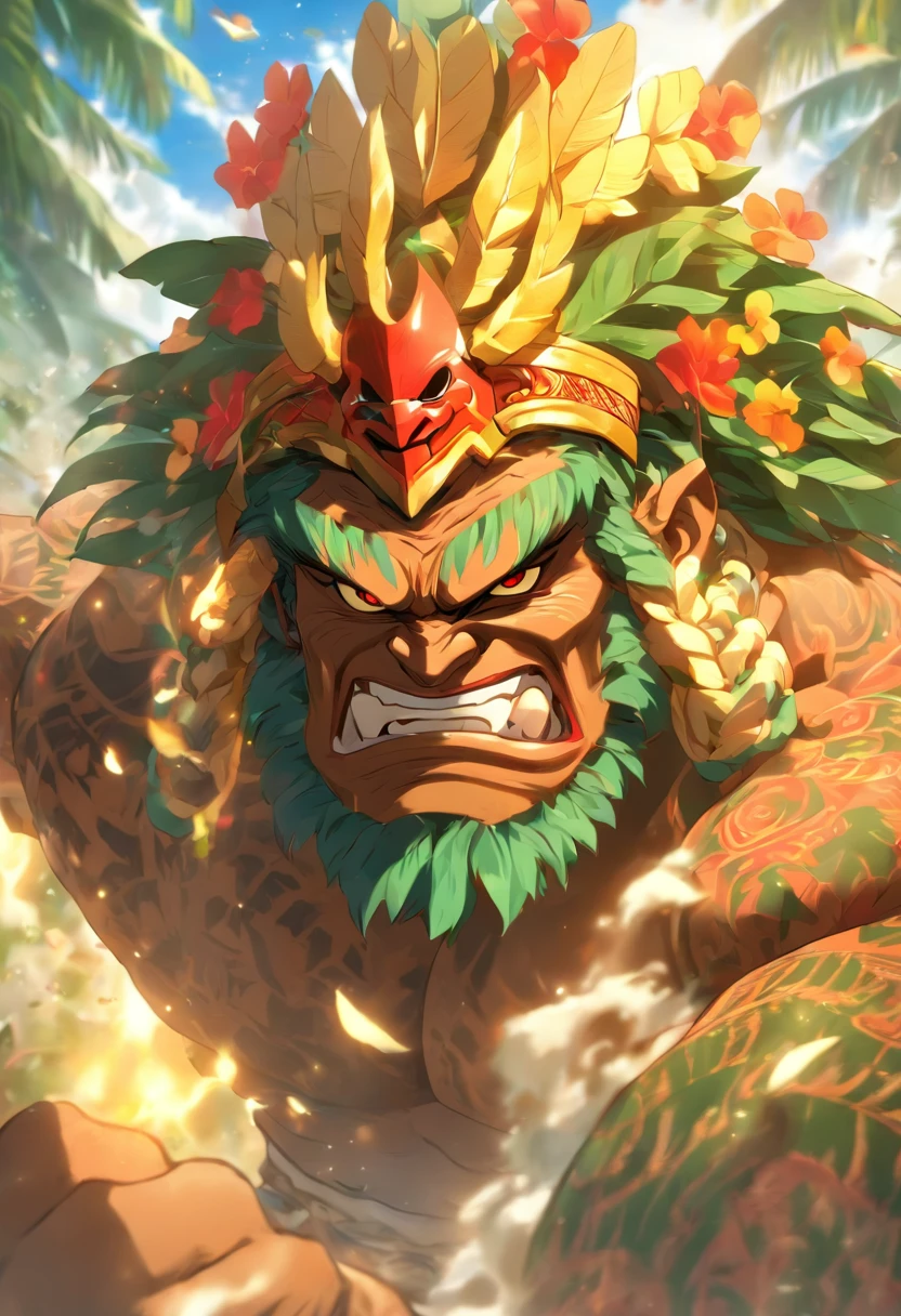 (((LONO))) best quality, ultra-high resolution, 4K detailed CG, masterpiece, Hawaiian God, Hawaiian mythology, ((Farmer god)), Maori image, aesthetic, screen-centric