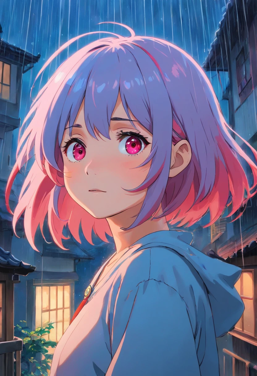 A girl with pink and blue hair and red eyes watching the rain