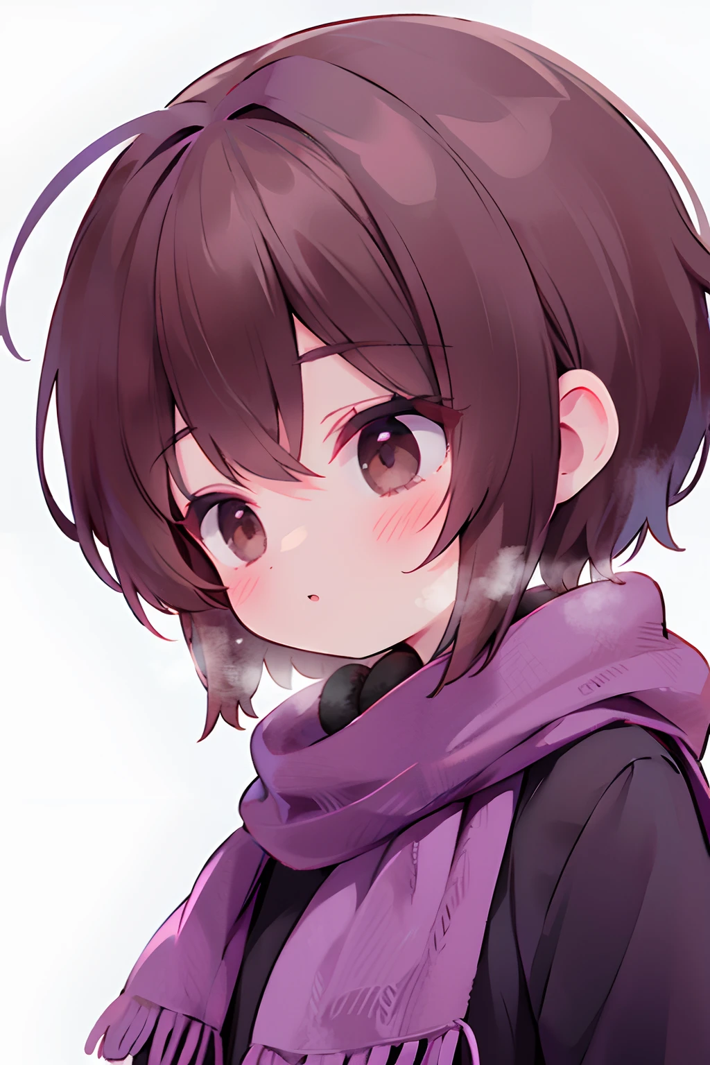 brown hair girl with short hair and purple headphones and brown eyes and black scarf black shirt close up side profile (black scarf and black shirt)(purple headphones)