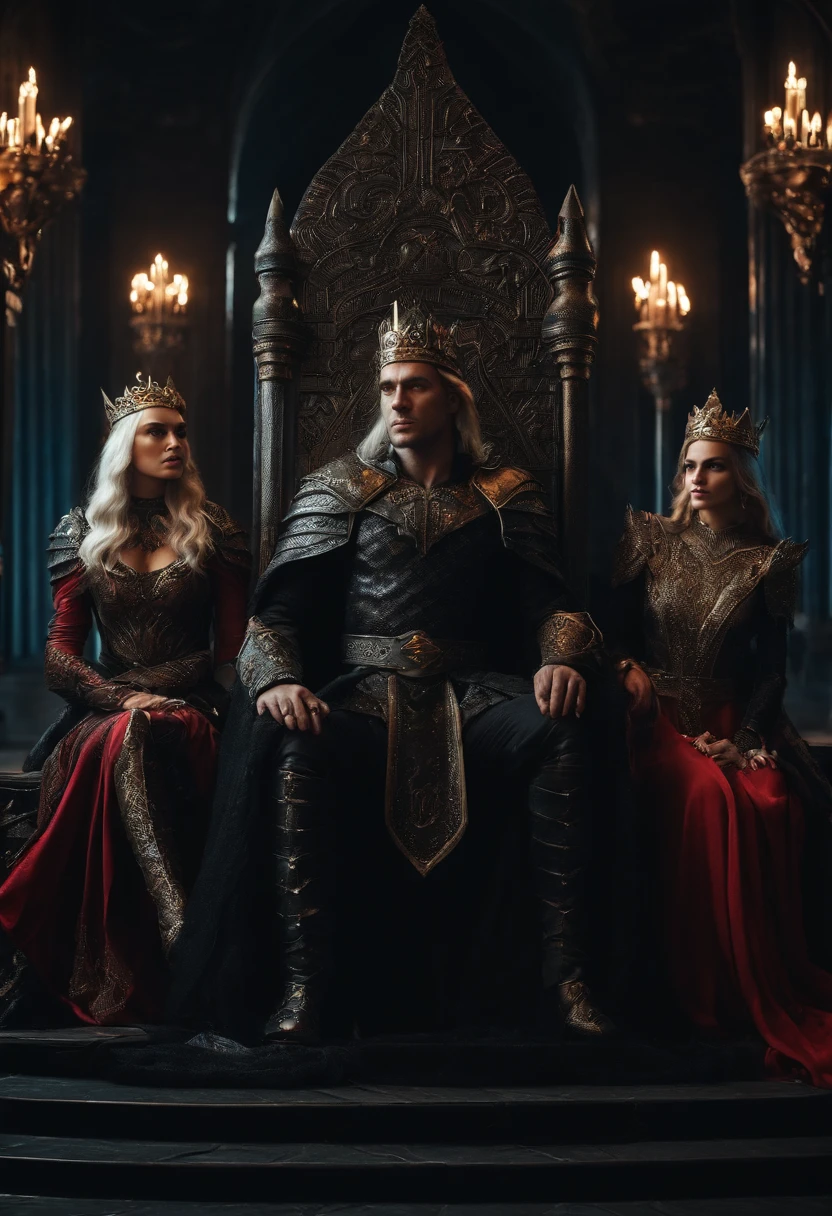 two elf kings and an elf queen, all dressed in black armor covered in darkness, sitting on their thrones, one king is blind, the other king has no legs, and the queen, all on a throne of darkness