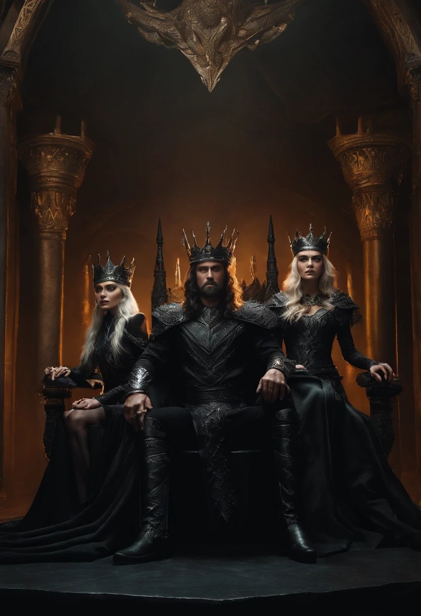 two elf kings and an elf queen, all dressed in black armor covered in darkness, sitting on their thrones, one king is blind, the other king has no legs, and the queen, all on a throne of darkness