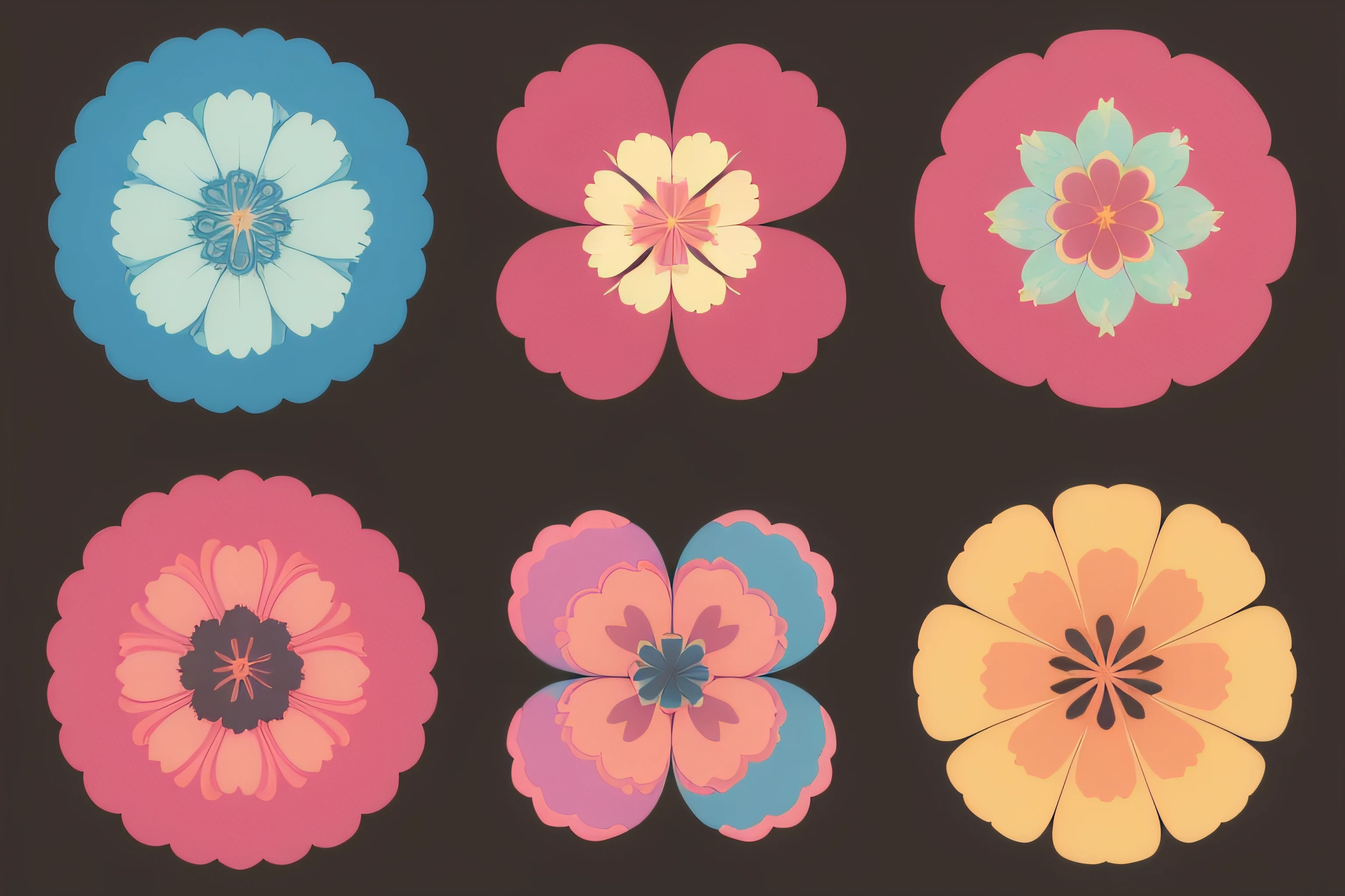 Aesthetic flowers, retro design pattern, multicolored, ((simple)), ((flowers do not protrude from the edges)).