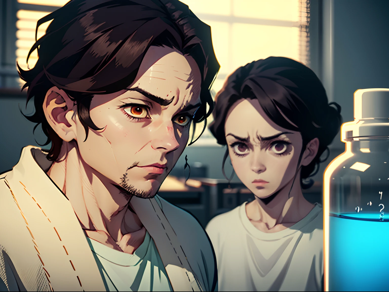 anime character with dark yellow eyes and messy, medium-length dark hair pulled back. He wears a white scientist's coat over a white t-shirt and brown jeans. This character should exhibit a tired appearance, with noticeable dark circles under his eyes and wrinkles, reflecting the toll of insomnia and age. He's holding detailed chemical bottles. Pay close attention to the detailed eyes and lips with a sharp focus. The art style should resemble Demon Slayer, featuring pastel colors. Ensure it's a 4K masterpiece with realistic lighting and shadows, but we can leave out specific background elements like lab equipment, scattered papers.