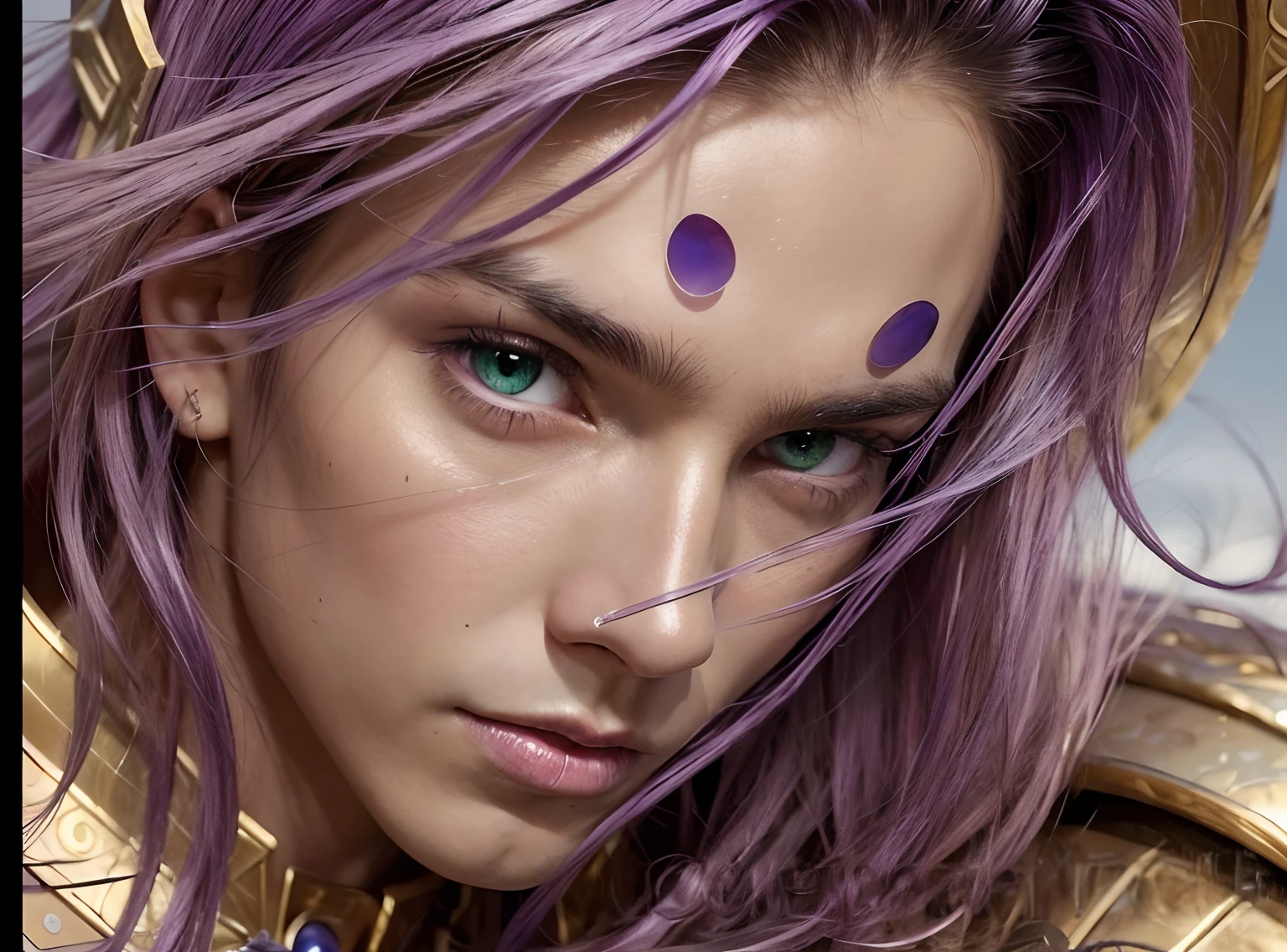 Masterpiece, watercolor: High resolution. Very detailed. realistic. ultra-realistic. Male. Young man. About 30 years old. Tibetan. wearing a Tibetan simple beige tunic. Tall. athletic. Masculine facial features. Big and beautiful green eyes. Big eyes. Detailed delicate facial features.Pretty long purple hair. Purple hair. Western facial features. purple straight hair. Tied hair at back. Tied hair, fluid in the air. Once tied hair. Straight hair. Shaved.Light emanating from him. Dynamic. powerful aura. Light highlighting the man. bright aura. Starlight. Cosmic background. Full body. ((eyebrowless)). beardless.