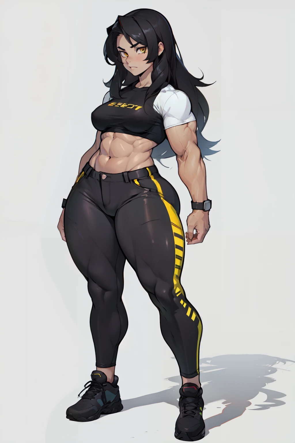 ((((muscular 1girl)))) ((thick thighs toned body small breasts)) pale skin black hair yellow eyes very long hair ((full body)) tight shirt tight pants