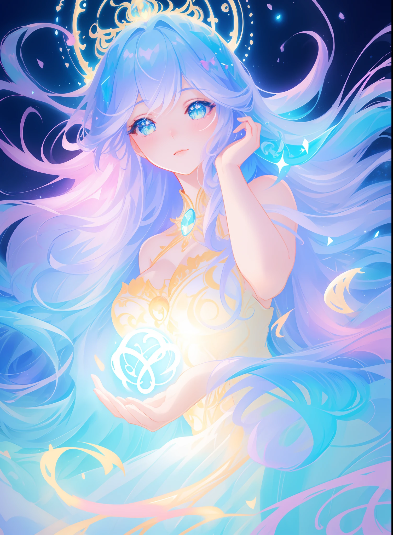 beautiful girl, puffy tiered ballgown, vibrant pastel colors, (colorful), glowing golden long hair, magical lights, sparkling magical liquid, inspired by Glen Keane, inspired by Lois van Baarle, disney art style, by Lois van Baarle, glowing aura around her, by Glen Keane, jen bartel, glowing lights! digital painting, flowing glowing hair, glowing flowing hair, beautiful digital illustration, fantasia background, whimsical, magical, fantasy, ((beautiful face)), ((masterpiece, best quality)), intricate details, highly detailed, sharp focus, 8k resolution, sparkling detailed eyes, liquid watercolor