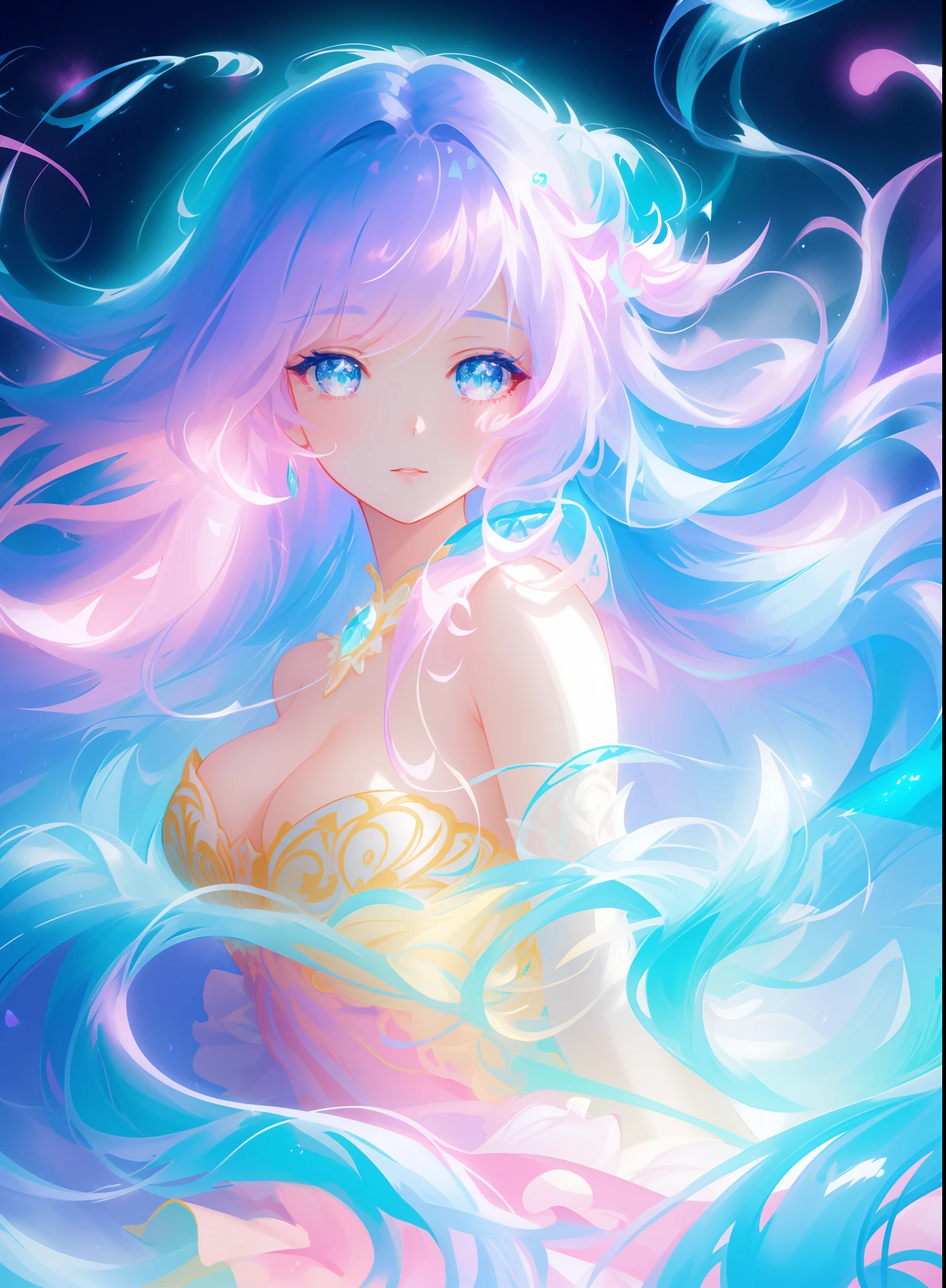 beautiful girl, puffy tiered ballgown, vibrant pastel colors, (colorful), glowing golden long hair, magical lights, sparkling magical liquid, inspired by Glen Keane, inspired by Lois van Baarle, disney art style, by Lois van Baarle, glowing aura around her, by Glen Keane, jen bartel, glowing lights! digital painting, flowing glowing hair, glowing flowing hair, beautiful digital illustration, fantasia background, whimsical, magical, fantasy, ((beautiful face)), ((masterpiece, best quality)), intricate details, highly detailed, sharp focus, 8k resolution, sparkling detailed eyes, liquid watercolor