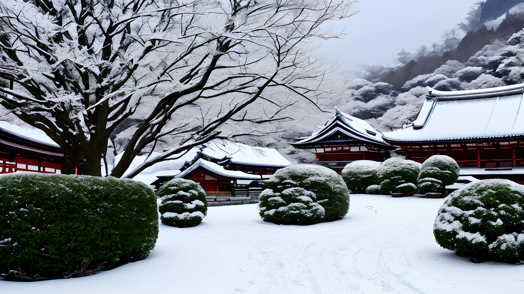 Merry Christmas in Japanese with Snow dusted winter Japan Landscape