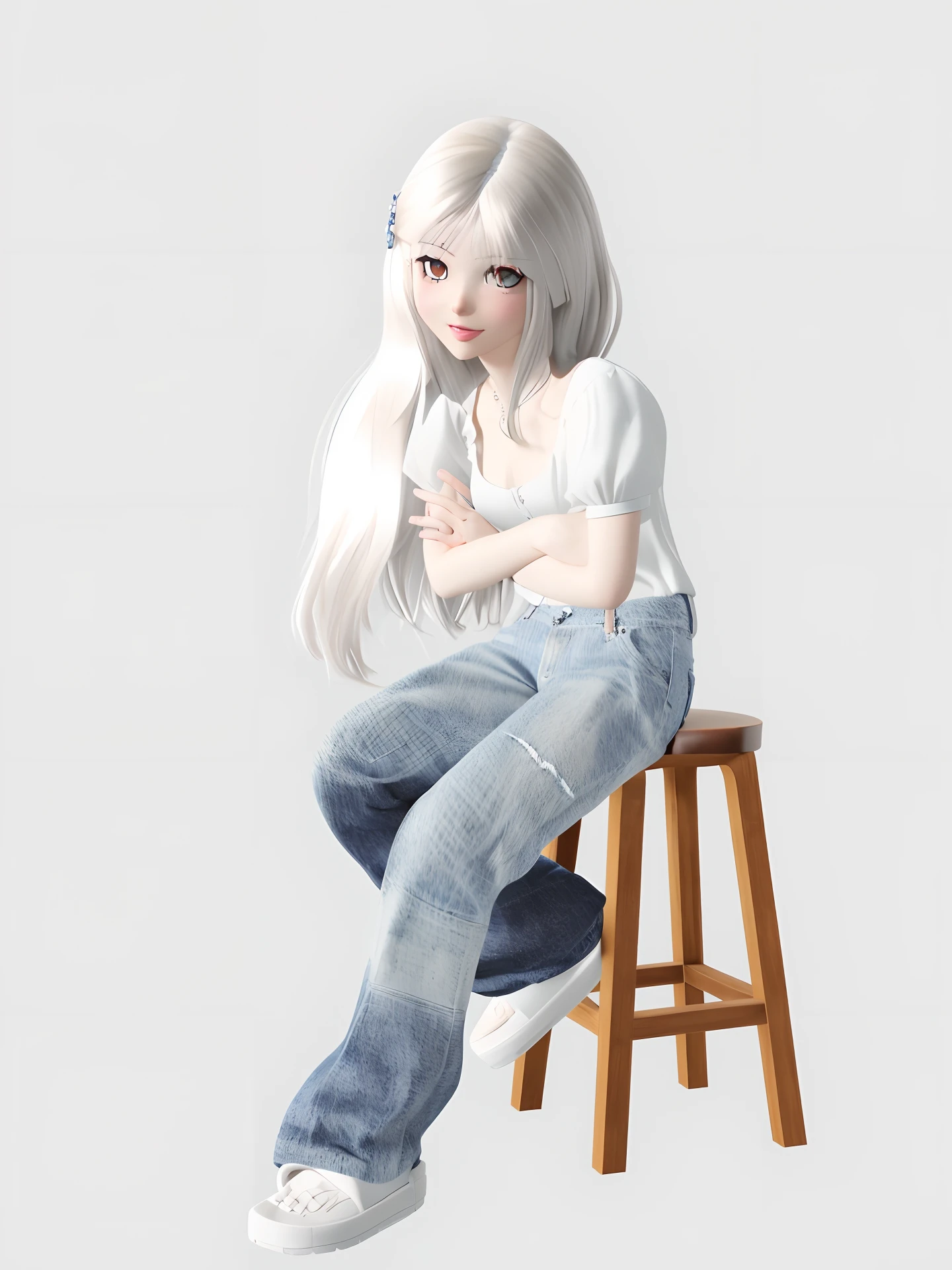 Il y a une femme assise sur un tabouret, arms folded, casual pose, April Rendition, pose assise, Chemise et jeans kawaii, assis sur un tabouret, Thought pose, anime styled 3d, assis sur une chaise, render of a cute 3d anime girl, Le personnage est dans sa pose naturelle, Tenir une pose Pudica, poser, Sitting casually
