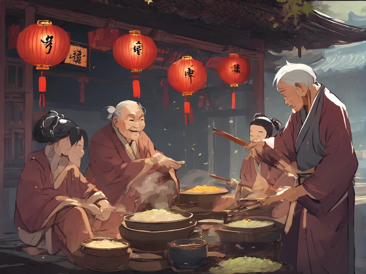 Chinese style, normal facial features of characters。Under the banyan tree at Pumiao Town's pier, there is an old grandma wearing traditional Zhuang ethnic attire with flowers on her head. She is inside her own congee shop, happily handing a steaming bowl of congee to an elderly grandpa who has worn-out clothes and a weathered face. Behind the grandpa, there is a long line of people. They are all dressed in ragged clothes and eagerly looking at the pot of congee in front of the old grandma. Some of them touch their bellies, some wipe the drool at the corners of their mouths, some tiptoe and count how many people are ahead, and others stretch their necks to inhale the aroma of the congee that fills the air.