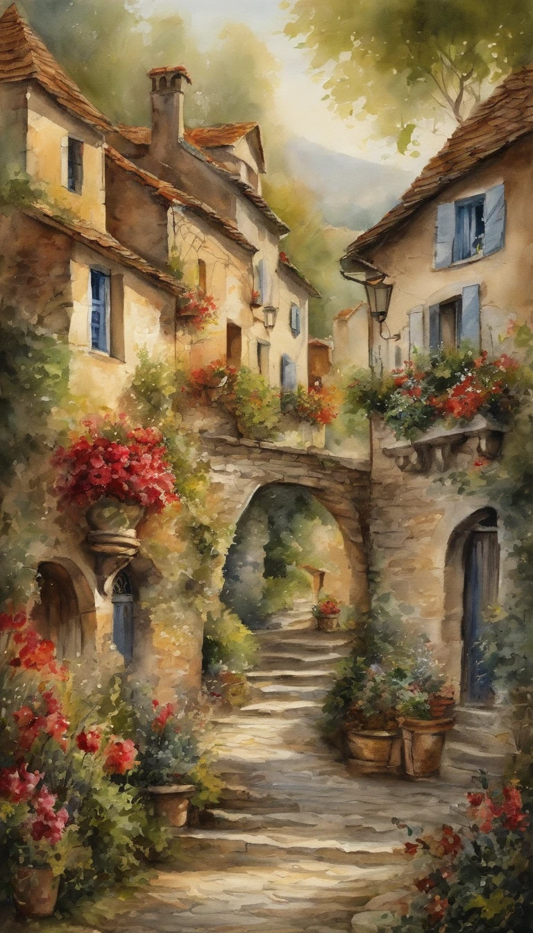 (absurdres, highres, ultra detailed), award winning watercolor landscape view of France  Ultra photo realism, super-fine, 8K,Premium wallpapers，Highest image quality, 3D, masterpeice