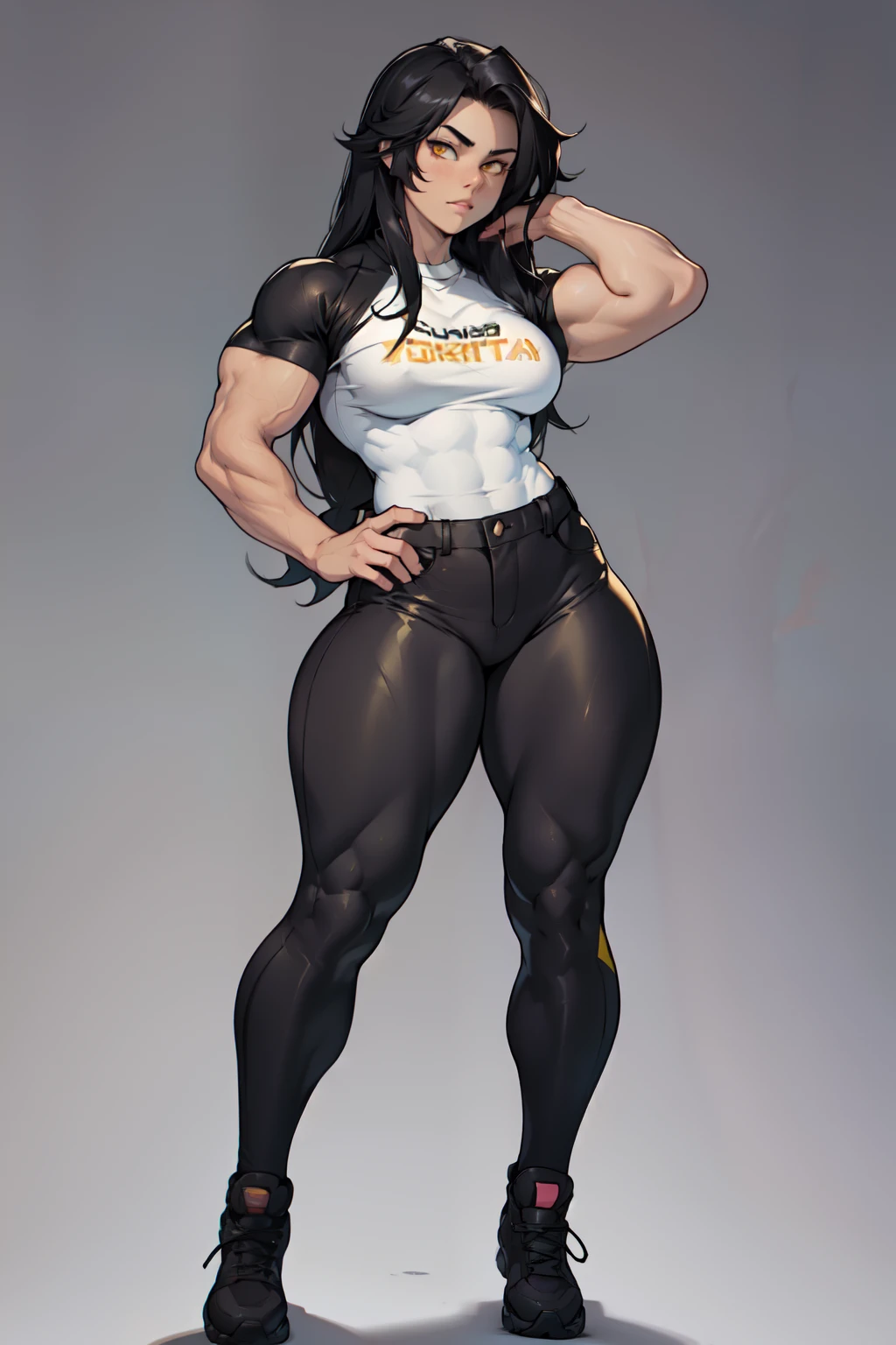 ((((muscular 1girl)))) (((thick thighs toned body small breasts))) (pale skin) black hair yellow eyes very long hair ((full body)) tight shirt tight pants
