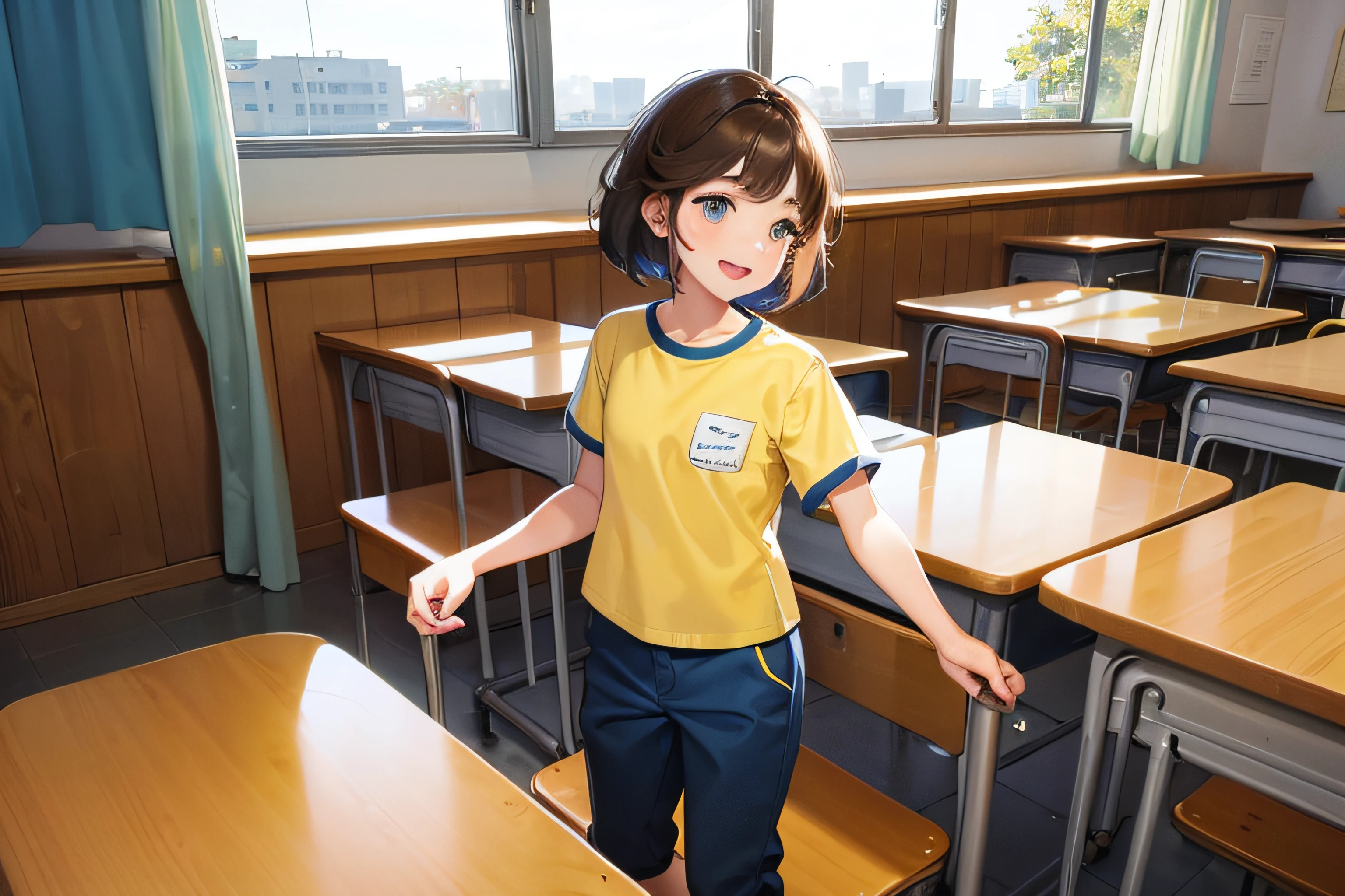 a happy and tender Caucasian student about 6 years old in school uniform, Yellow T-shirt and blue long pants in the classroom
