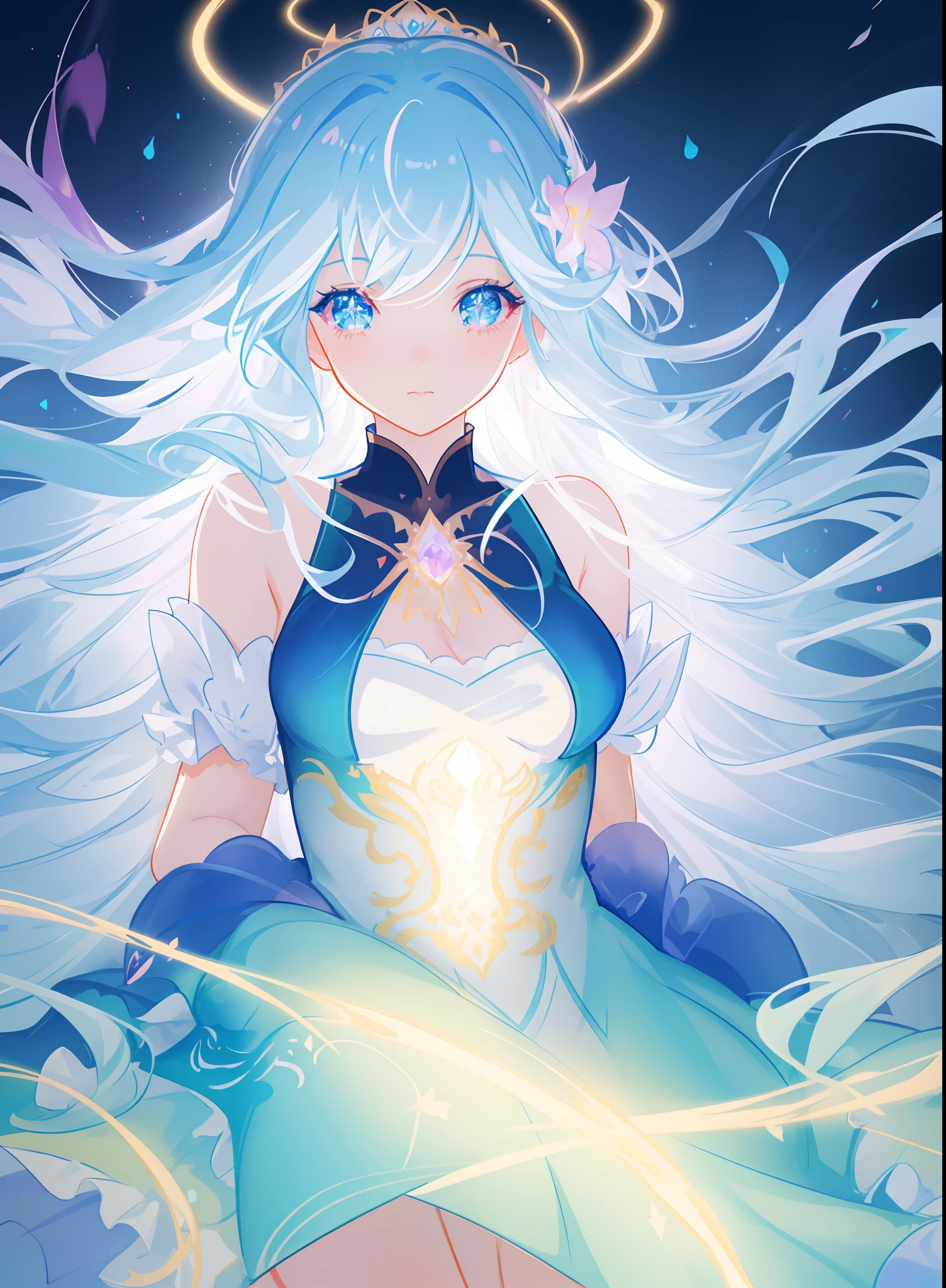 beautiful girl, puffy tiered ballgown, vibrant pastel colors, (colorful), glowing golden long hair, magical lights, sparkling magical liquid, inspired by Glen Keane, inspired by Lois van Baarle, disney art style, by Lois van Baarle, glowing aura around her, by Glen Keane, jen bartel, glowing lights! digital painting, flowing glowing hair, glowing flowing hair, beautiful digital illustration, fantasia background, whimsical, magical, fantasy, ((beautiful face)), ((masterpiece, best quality)), intricate details, highly detailed, sharp focus, 8k resolution, sparkling detailed eyes, liquid watercolor