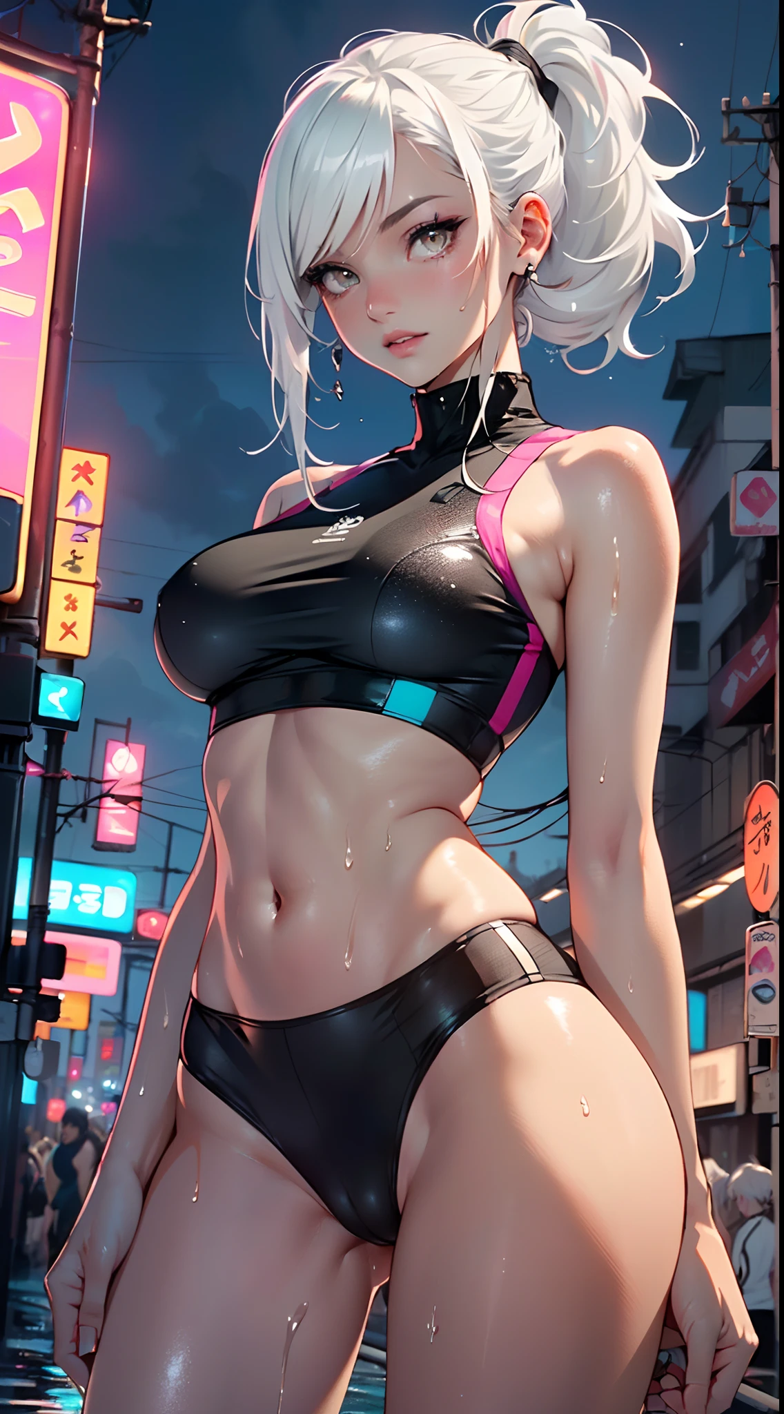 girl sporty,((attractive girl)),

(large breasts:1.4),saggy breasts,(((white hair:1.4,white ponytail hairstyle:1.5,very long hair:1.5))),((heterochromia:1.5, (orange_eye and pink_eye))),intricate eyes,beautiful detailed eyes,symmetrical eyes,((fat))(((lustrous skin:1.5,bright skin: 1.5,skin tanned,shiny skin,very shiny skin,shiny body,plastic glitter skin,exaggerated shiny skin,illuminated skin, wet legs))),(spider lower abdomen,narrow waist,wide hip,athletic body,inflated legs,detailed body,(detailed face)),

cute,slutty,seductive,erotic,(((nsfw))),

revealing clothing,show skin,with micro clothes,almost totally naked,with little clothing,(tiny thong),generous neckline,((tight sports bra, tight sports thong,orange and black clothes)),(((underboob))),((wet clothes,intricate outfit,intricate clothes)),

(dynamic pose:1.0),embarrassed,(centered,scale to fit dimensions,Rule of thirds),

cyberpunk city by the ocean at night, with bright neon signs and dark stormy clouds and puddles, scenery:1.25,

artistic photography,(photography taken by sldr),highres, sharp focus, (ultra detailed, extremely detailed), (photorealistic artwork:1.37),(extremely detailed CG unity 8k wallpaper),((synthwave background theme)),(((vibrant colors))),(intricate background),(masterpiece),(best quality),