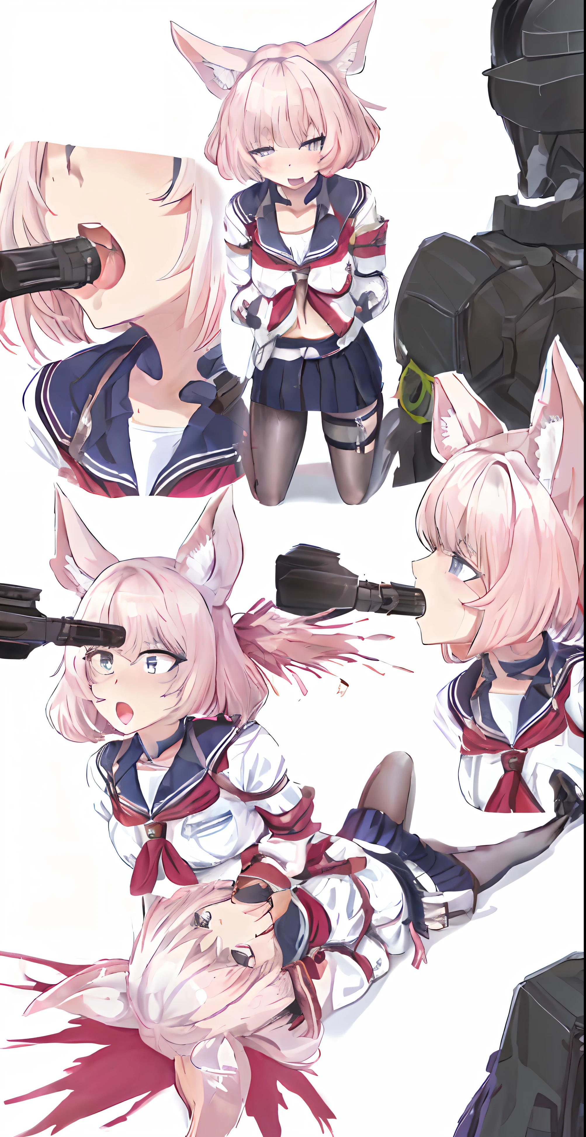 Anime character with multiple poses of a woman with a gun, kantai collection style, azur lane style, from girls frontline, fine details. girls frontline, girls frontline style, clean detailed anime art, from the azur lane videogame, gapmoe yandere, cute anime catgirl, anime cat girl, Nekomimi, splash art anime