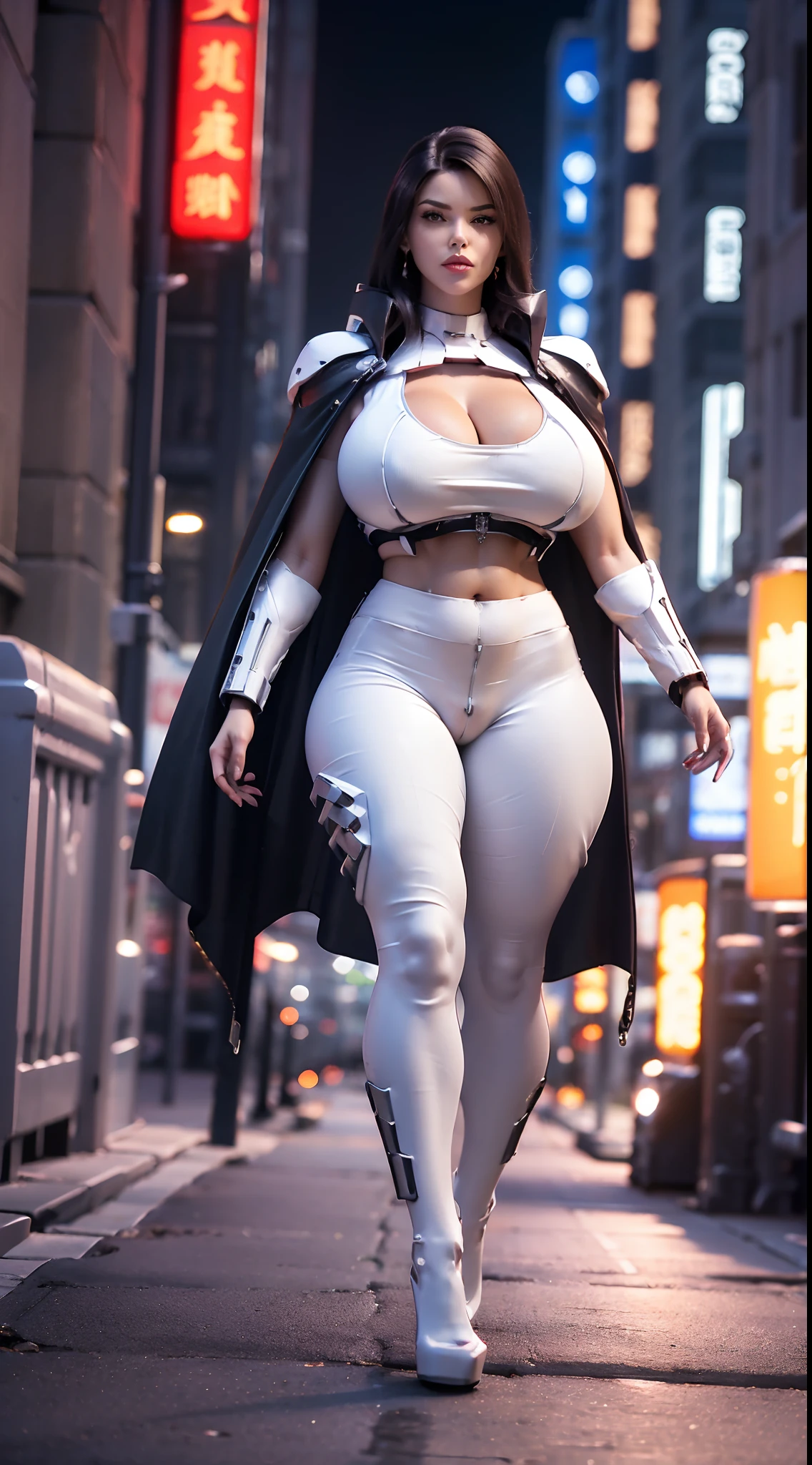 1GIRL, SOLO, (ssmile, makeup, beautifull eyes, red libs), (HUGE FAKE BOOBS:1.3), (GUARD ARM), (black, white, FUTURISTIC MECHANICAL CROP TOP, ROYAL CAPE, CLEAVAGE, SKINTIGHT MECHANICAL PANTS, HIGH HEELS:1.4), (NSFW MUSCULAR BODY, SEXY LONG LEGS, FULL BODY:1.3), (LOOKING AT VIEWER:1), (WALKING DOWN ON STREET NIGHT CITY:1.3), PHYSICALLY-BASED RENDERING, ULTRA HIGHT DEFINITION, 8K, 1080P.