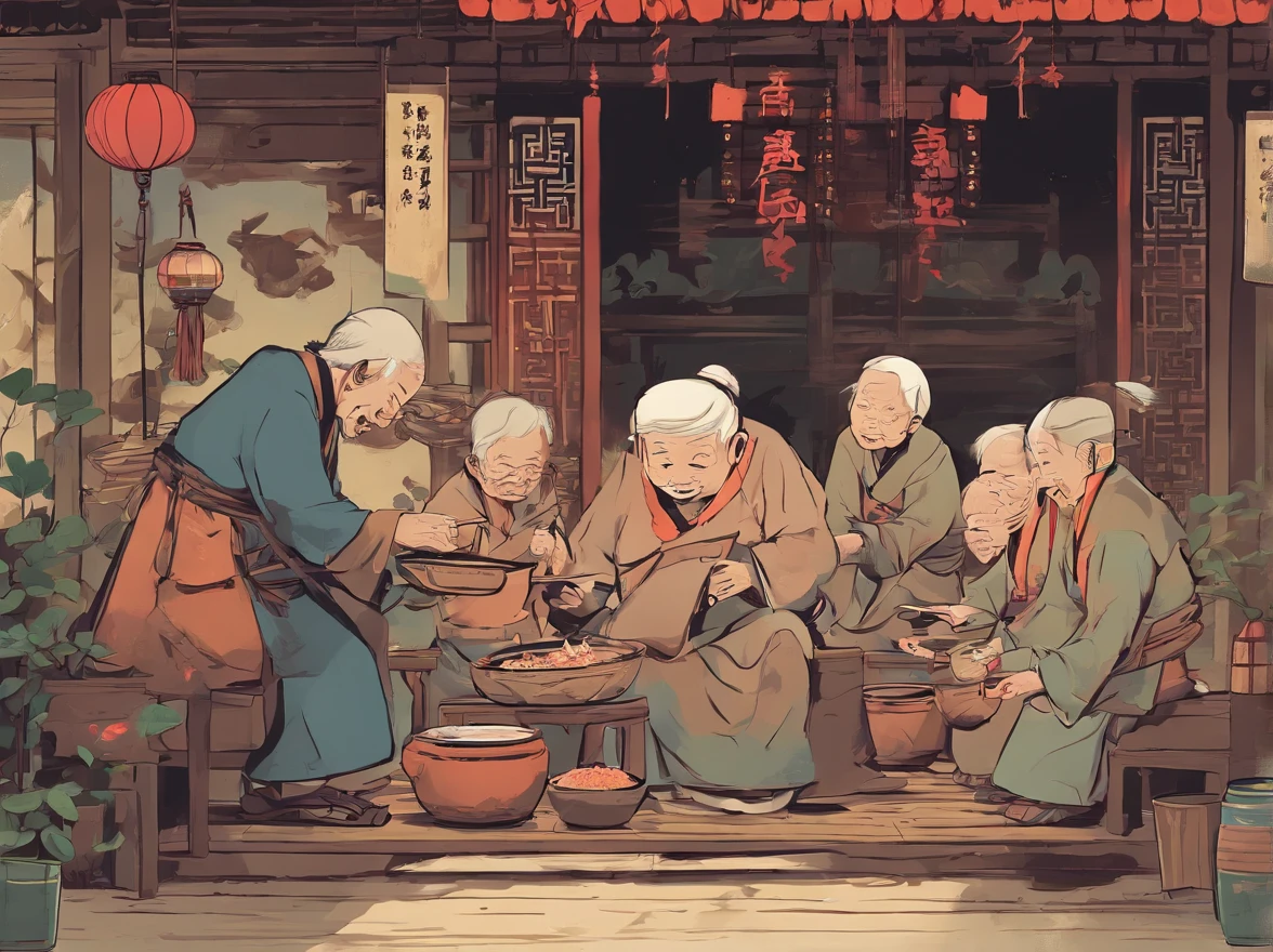 Chinese style, normal facial features of characters。Under the banyan tree at Pumiao Town's pier, there is an old grandma wearing traditional Zhuang ethnic attire with flowers on her head. She is inside her own congee shop, happily handing a steaming bowl of congee to an elderly grandpa who has worn-out clothes and a weathered face. Behind the grandpa, there are many people. They are all dressed in ragged clothes and eagerly looking at the pot of congee in front of the old grandma. Some of them touch their bellies, some wipe the drool at the corners of their mouths, some tiptoe and count how many people are ahead, and others stretch their necks to inhale the aroma of the congee that fills the air.