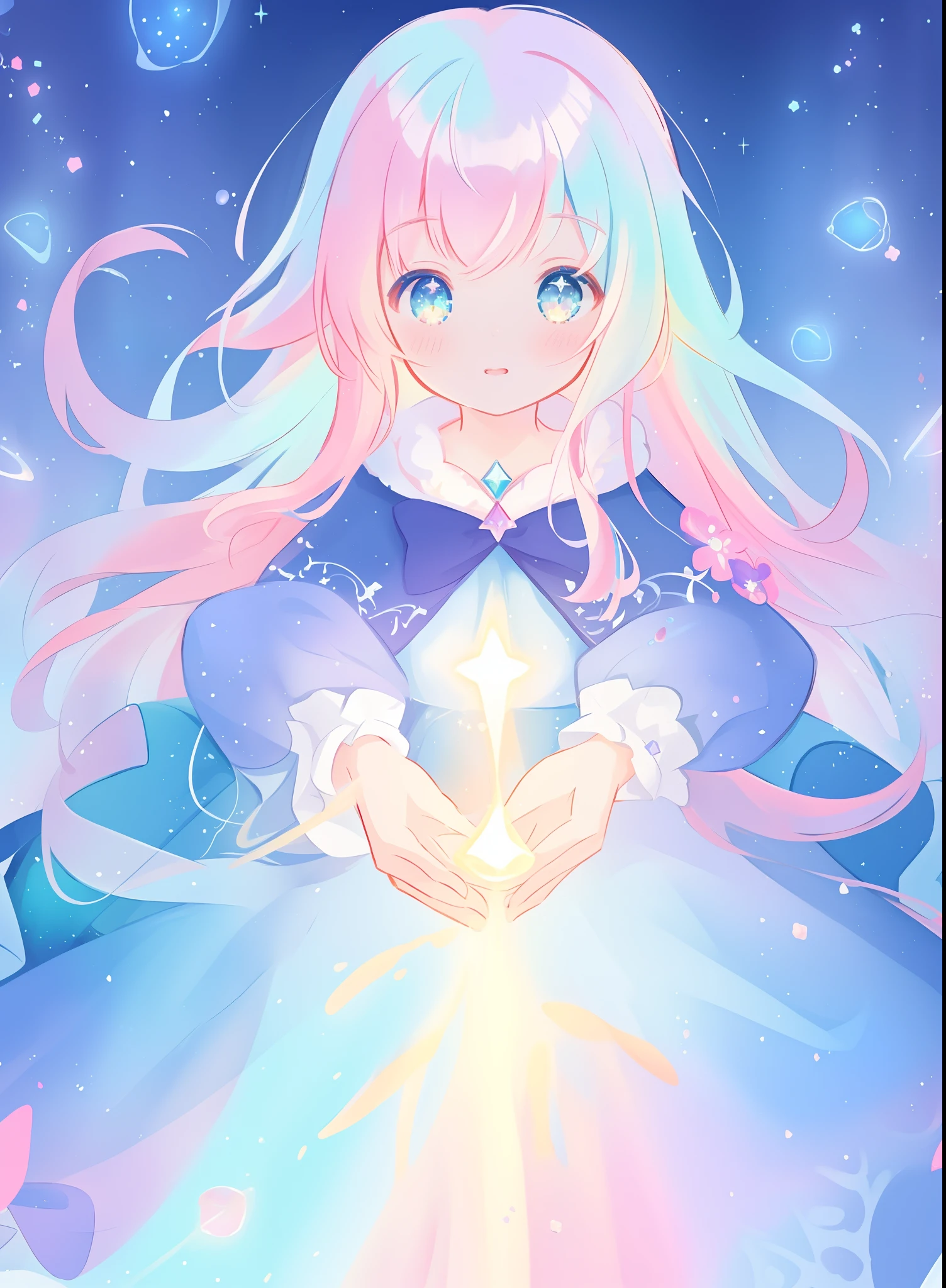 beautiful girl, puffy tiered ballgown, vibrant pastel colors, (colorful), glowing golden long hair, magical lights, sparkling magical liquid, inspired by Glen Keane, inspired by Lois van Baarle, disney art style, by Lois van Baarle, glowing aura around her, by Glen Keane, jen bartel, glowing lights! digital painting, flowing glowing hair, glowing flowing hair, beautiful digital illustration, fantasia background, whimsical, magical, fantasy, ((beautiful face)), ((masterpiece, best quality)), intricate details, highly detailed, sharp focus, 8k resolution, sparkling detailed eyes, liquid watercolor