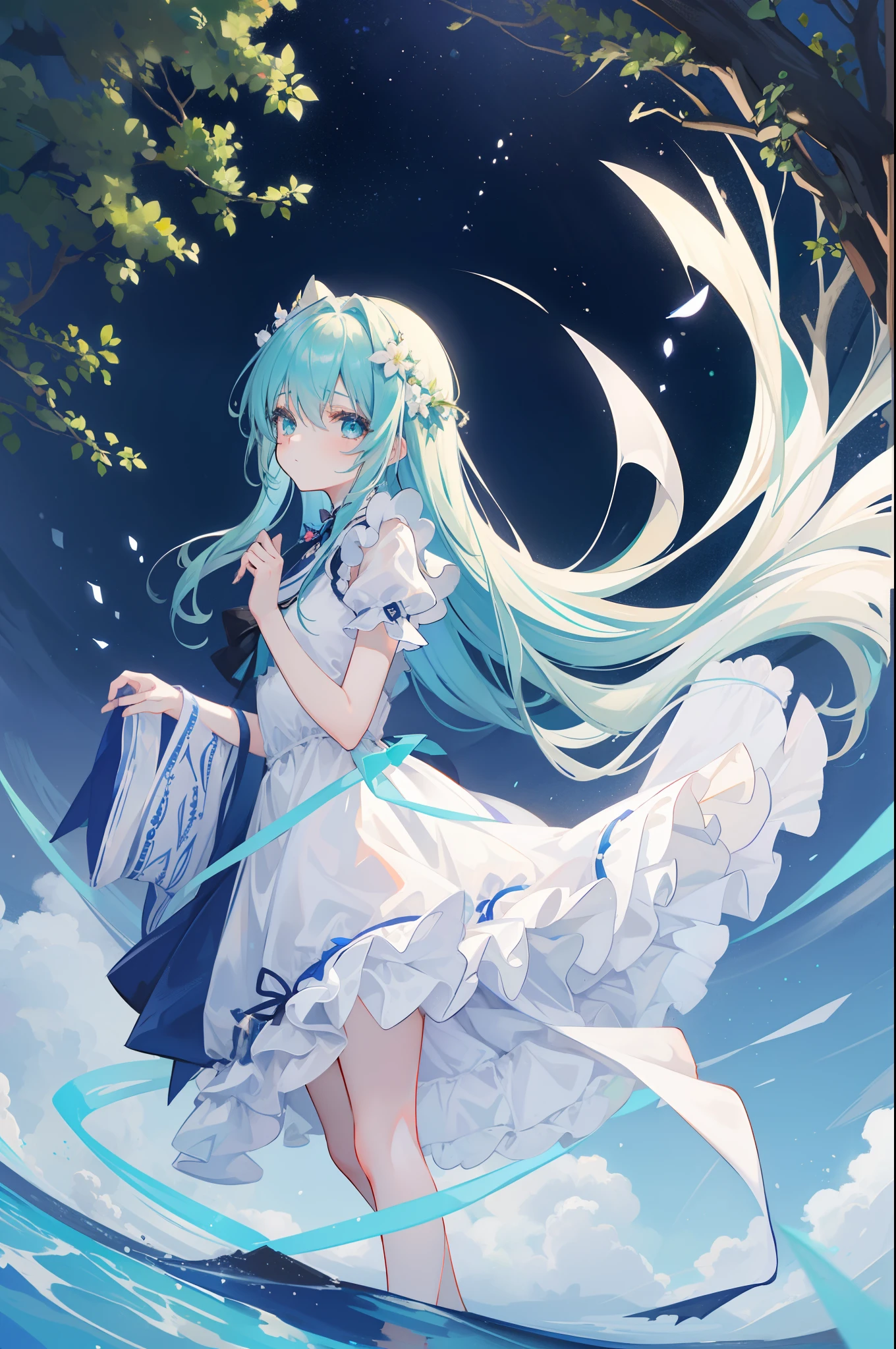1 girl in、Blue Long Hair、Twin-tailed、Green eyes、Drawn from a specific angle、Looking at the camera、delicate finger、beautiful ilumination、fuffy dress、Navy blue skirt,Outdoor scene in the background、(High resolution of the highest quality)、((Masterpieces of the highest quality:1.2))
