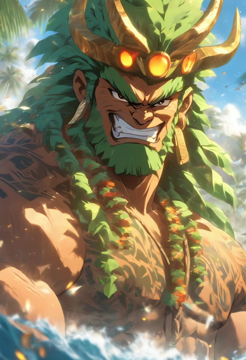 (((LONO))) best quality, ultra-high resolution, 4K detailed CG, masterpiece, Hawaiian God, Hawaiian mythology, ((Farmer god)), Maori image, aesthetic, screen-centric