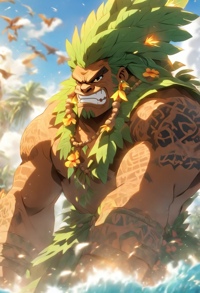 (((LONO))) best quality, ultra-high resolution, 4K detailed CG, masterpiece, Hawaiian God, Hawaiian mythology, ((Farmer god)), Maori image, aesthetic, screen-centric
