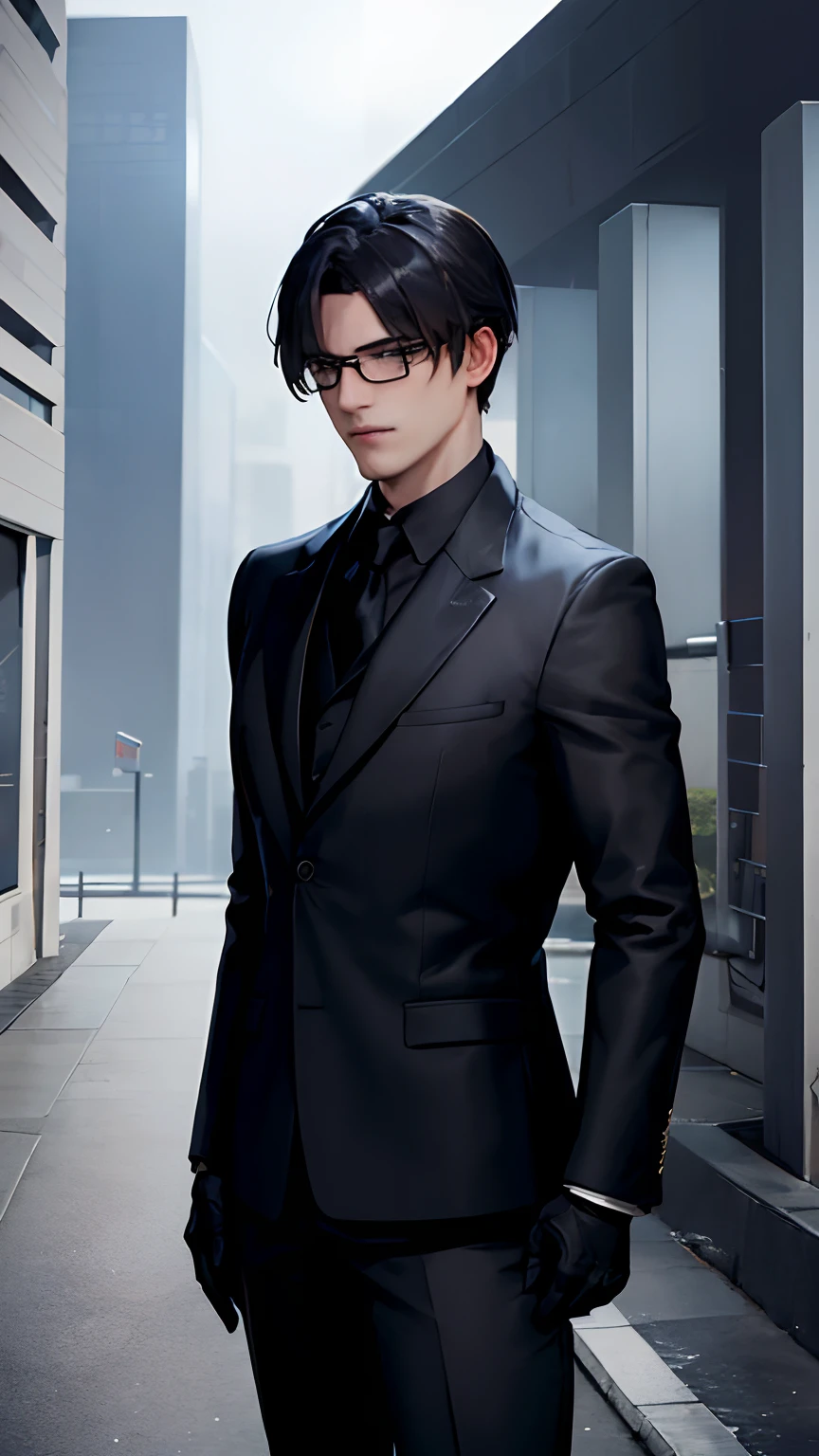 there is a man in a suit and gloves standing in front of a building, in game, security agent, jk uniform, dark suit, ingame image, wearing a black noble suit, in black uniform, inspired by Aleksander Gine, styled like ghost in the shell, stealth suit, inspired by Jang Seung-eop, in suit with black glasses