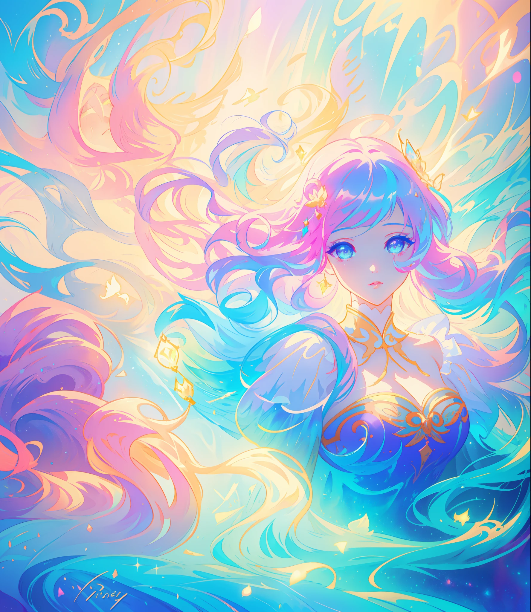 beautiful girl, puffy tiered princess ballgown, vibrant pastel colors, (colorful), glowing golden long hair, magical lights, sparkling magical liquid, inspired by Glen Keane, inspired by Lois van Baarle, disney art style, by Lois van Baarle, glowing aura around her, by Glen Keane, jen bartel, glowing lights! digital painting, flowing glowing hair, glowing flowing hair, beautiful digital illustration, fantasia background, whimsical, magical, fantasy, ((beautiful face)), ((masterpiece, best quality)), intricate details, highly detailed, sharp focus, 8k resolution, sparkling detailed eyes, liquid watercolor