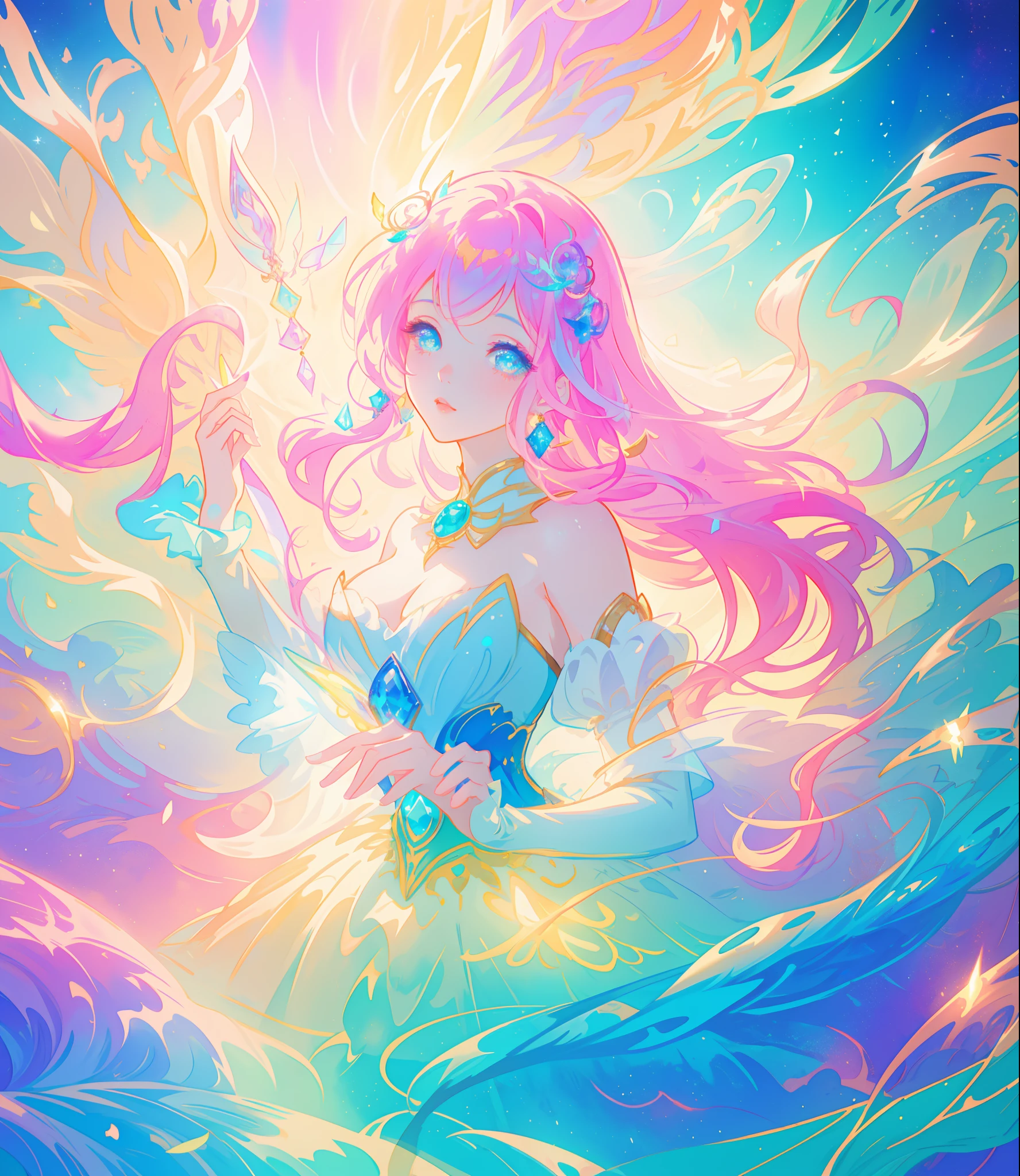 beautiful girl, puffy tiered princess ballgown, vibrant pastel colors, (colorful), glowing golden long hair, magical lights, sparkling magical liquid, inspired by Glen Keane, inspired by Lois van Baarle, disney art style, by Lois van Baarle, glowing aura around her, by Glen Keane, jen bartel, glowing lights! digital painting, flowing glowing hair, glowing flowing hair, beautiful digital illustration, fantasia background, whimsical, magical, fantasy, ((beautiful face)), ((masterpiece, best quality)), intricate details, highly detailed, sharp focus, 8k resolution, sparkling detailed eyes, liquid watercolor