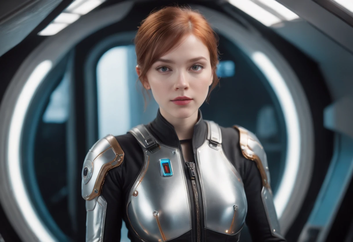 Superrealistic, masterpiece, best quality, wide-angle Hyperdetailed, best quality, 8k, natural lighting, soft lighting, sunlight, ( full body shot of 1 beautiful girl,quarter view,in space ship cockpit,  solo, beautiful eyes, short punk GINGER hair, wearing detailed liquid transparent metal full body armor , glowing core, shiny:1.3).(futuristic spacestation in background:1.2) HDR (High Dynamic Range), Maximum Clarity And Sharpness, Multi-Layered Textures, Photorealistic, Hyperrealistic, Hyperdetailed, analog style,  soft lighting, subsurface scattering, realistic, heavy shadow, masterpiece, best quality, ultra realistic, 8k, golden ratio, Intricate, High Detail, film photography, soft focus, ,gh3a,lun4