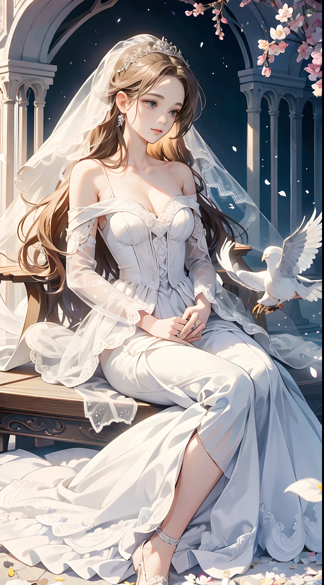 A bride in a magnificent wedding princess gown, surrounded by a shower of white petals, basking in the luminous lighting. The scene is adorned with lens flares, casting a dreamy and ethereal atmosphere. Doves are gracefully flying in the background, providing a sense of purity and love. The artistry of this masterpiece is evident in its ultra-detailed depiction, capturing every intricate detail of the bride's gown and the delicate petals. The colors are vibrant and vivid, adding to the overall brilliance of the image. The prompt exudes a photorealistic quality, ensuring the generation of a high-resolution, 4k or 8k masterpiece.