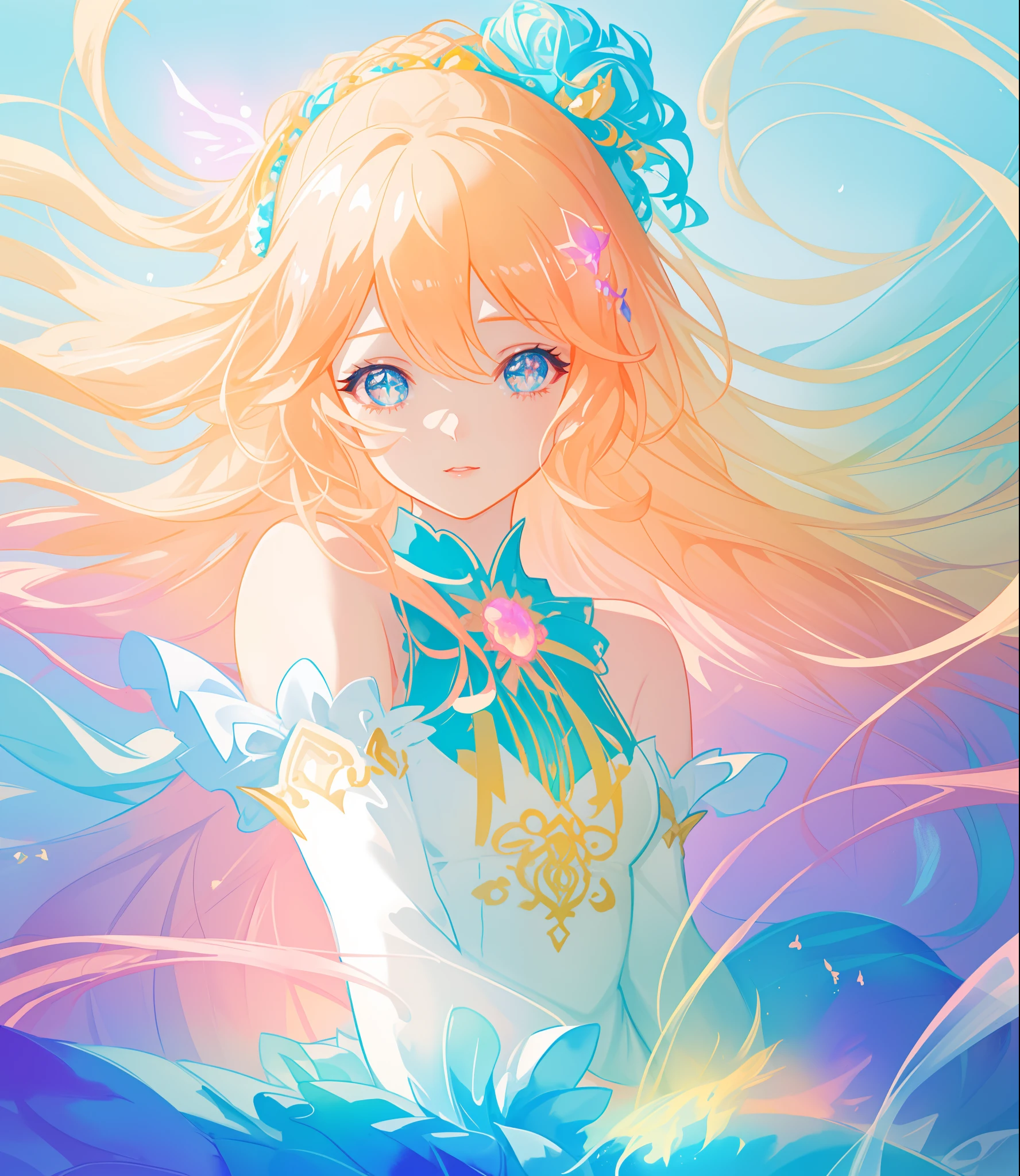beautiful girl, puffy tiered princess ballgown, vibrant pastel colors, (colorful), glowing golden long hair, magical lights, sparkling magical liquid, inspired by Glen Keane, inspired by Lois van Baarle, disney art style, by Lois van Baarle, glowing aura around her, by Glen Keane, jen bartel, glowing lights! digital painting, flowing glowing hair, glowing flowing hair, beautiful digital illustration, fantasia background, whimsical, magical, fantasy, ((beautiful face)), ((masterpiece, best quality)), intricate details, highly detailed, sharp focus, 8k resolution, sparkling detailed eyes, liquid watercolor