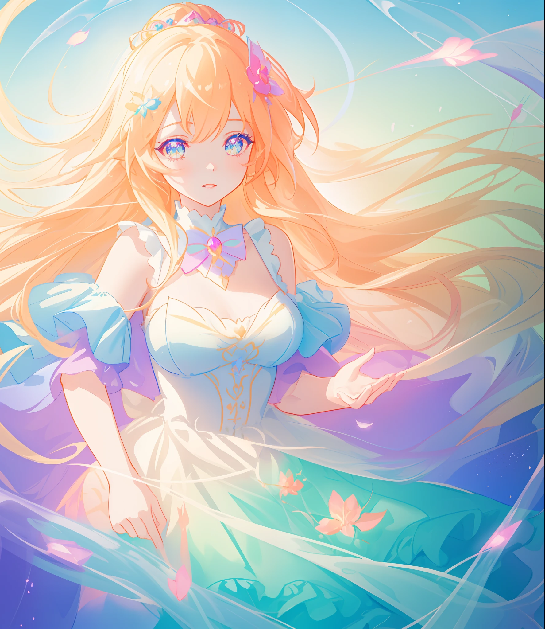 beautiful girl, puffy tiered princess ballgown, vibrant pastel colors, (colorful), glowing golden long hair, magical lights, sparkling magical liquid, inspired by Glen Keane, inspired by Lois van Baarle, disney art style, by Lois van Baarle, glowing aura around her, by Glen Keane, jen bartel, glowing lights! digital painting, flowing glowing hair, glowing flowing hair, beautiful digital illustration, fantasia background, whimsical, magical, fantasy, ((beautiful face)), ((masterpiece, best quality)), intricate details, highly detailed, sharp focus, 8k resolution, sparkling detailed eyes, liquid watercolor