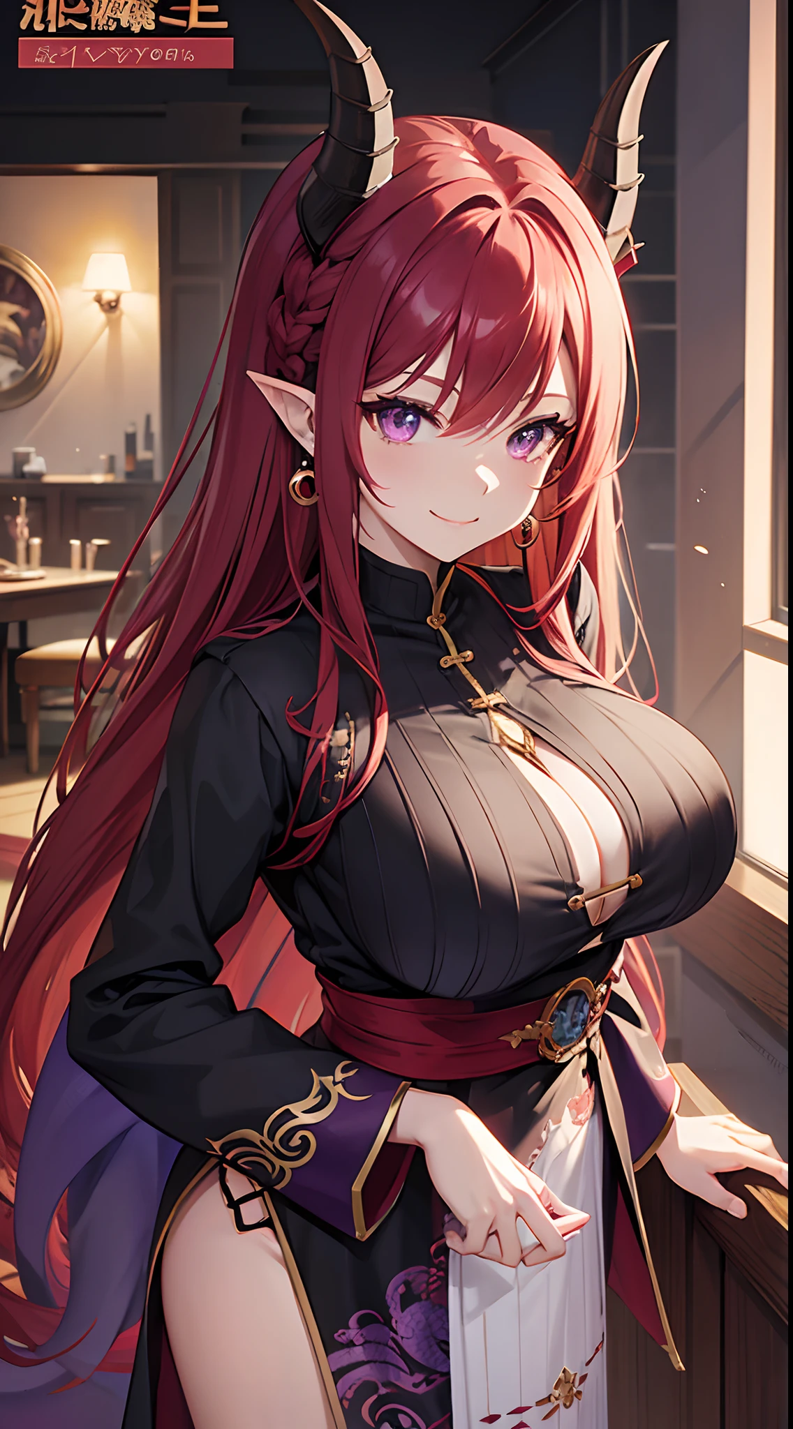 Cover magazine, anime, adult woman, solo, long hair, red hair, purple eyes, two horn, dragon horn, black horn, complex horn, dragon woman, model, beautiful, fantasy, Casual clothes. Hair accessories. Unusual hairstyles. Earrings. Smile. Greeting. Sharp ears. Big breast.