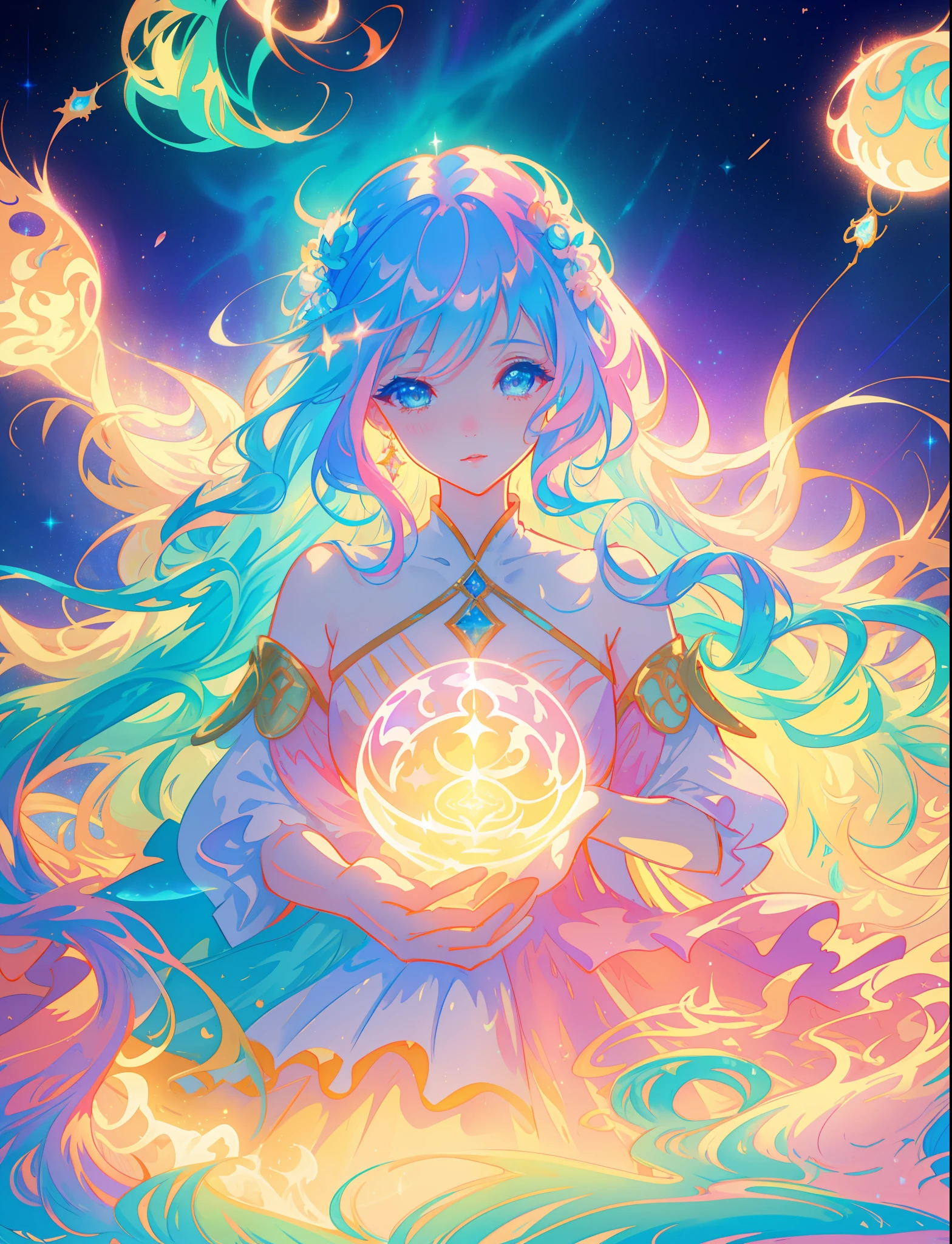 beautiful girl, puffy tiered ballgown, vibrant pastel colors, otherworldly landscape, (colorful), glowing golden long hair, magical lights, sparkling magical liquid, inspired by Glen Keane, inspired by Lois van Baarle, disney art style, by Lois van Baarle, glowing aura around her, by Glen Keane, jen bartel, glowing lights! digital painting, flowing glowing hair, glowing flowing hair, beautiful digital illustration, fantasia background, whimsical, magical, fantasy, ((beautiful face)), ((masterpiece, best quality)), intricate details, highly detailed, sharp focus, 8k resolution, sparkling detailed eyes, liquid watercolor