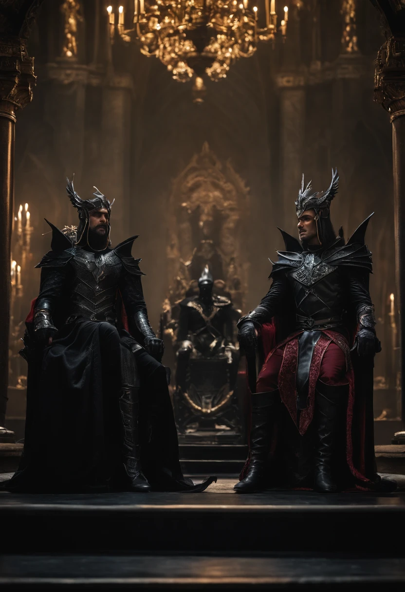 two dark elf kings and an elf queen, all dressed in black armor covered in darkness, sitting on their thrones, one king wears a raven helmet, the other king has no legs, and the elf queen, all on a throne of darkness
