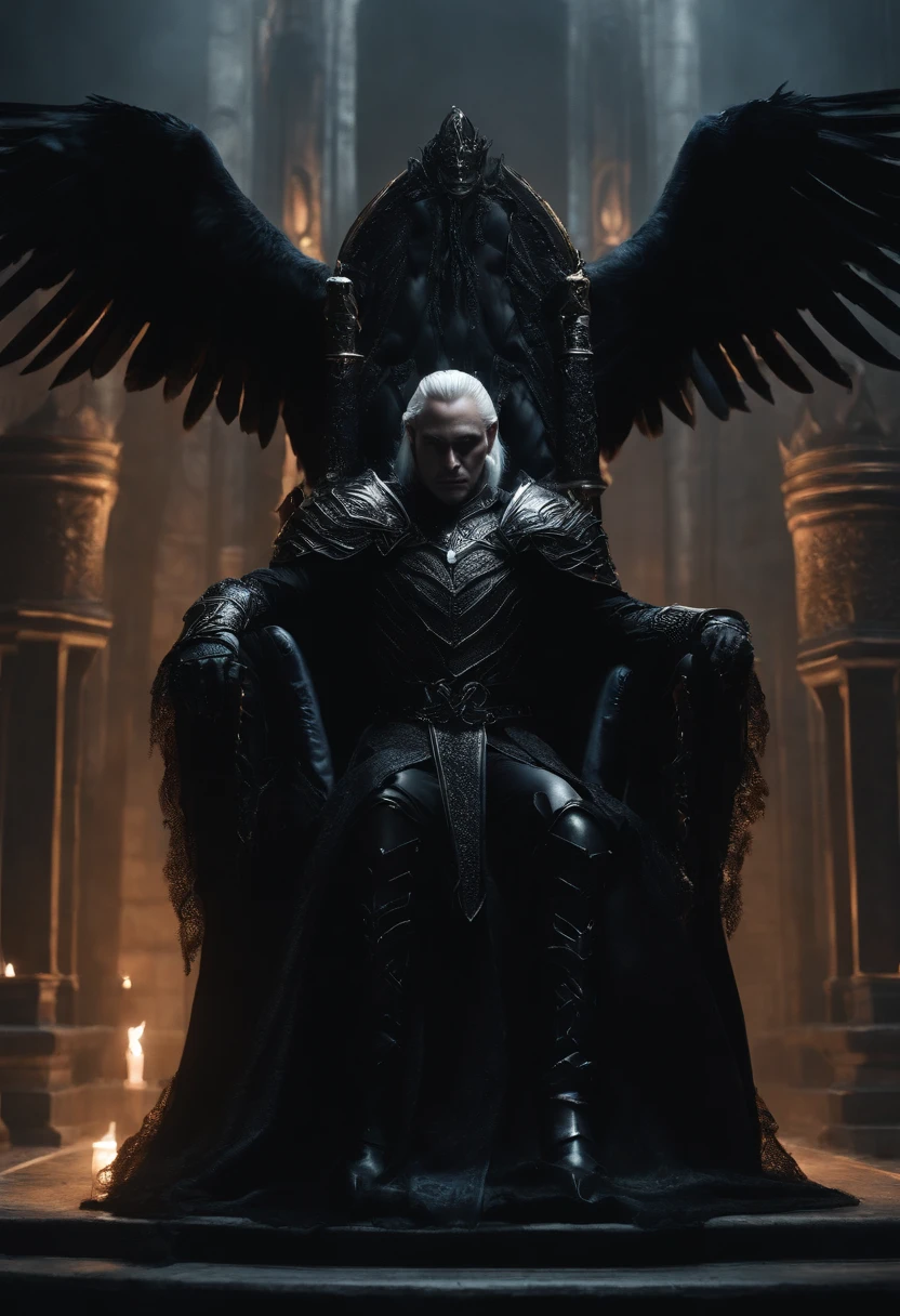 two dark elf kings and an elf queen, all dressed in black armor covered in darkness, sitting on their thrones, one king wears a raven helmet, the other king has no legs, and the elf queen, all on a throne of darkness
