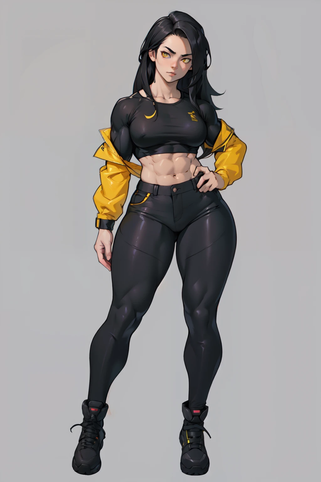 ((((muscular 1girl)))) ((thick thighs toned body small breasts)) pale skin black hair yellow eyes very long hair ((full body)) tight shirt tight pants